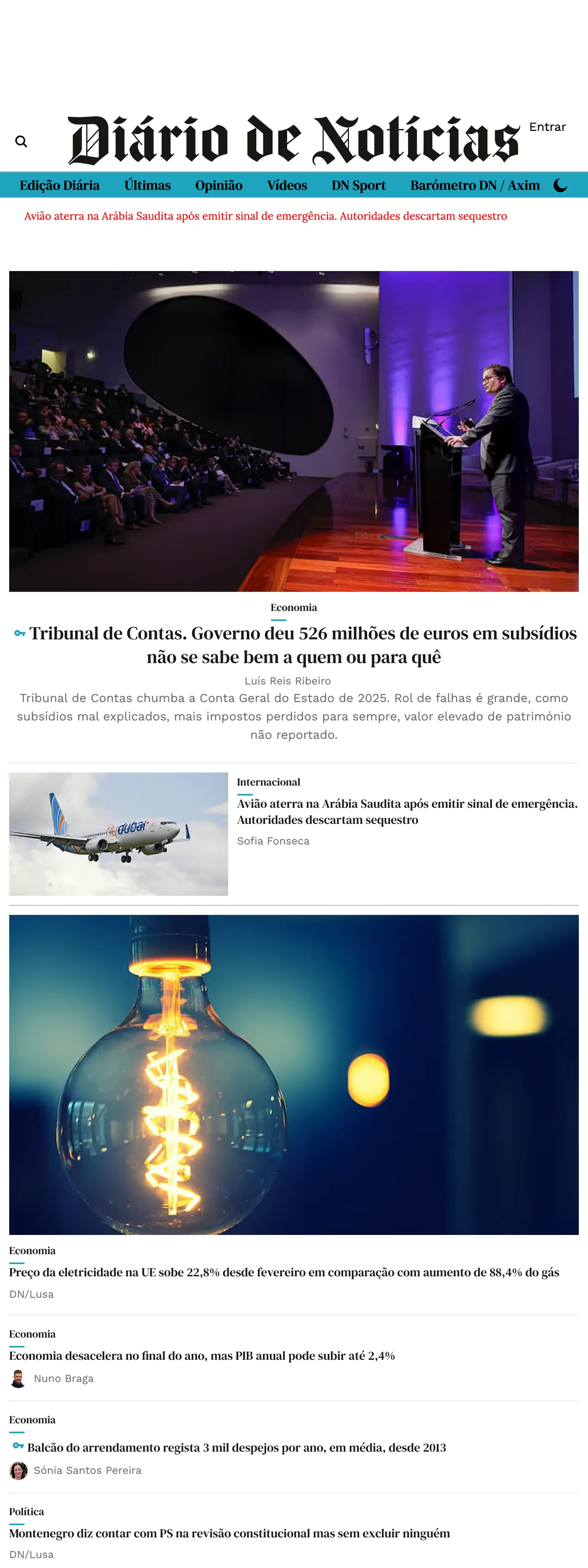 Screenshot of the Diário de Notícias front page