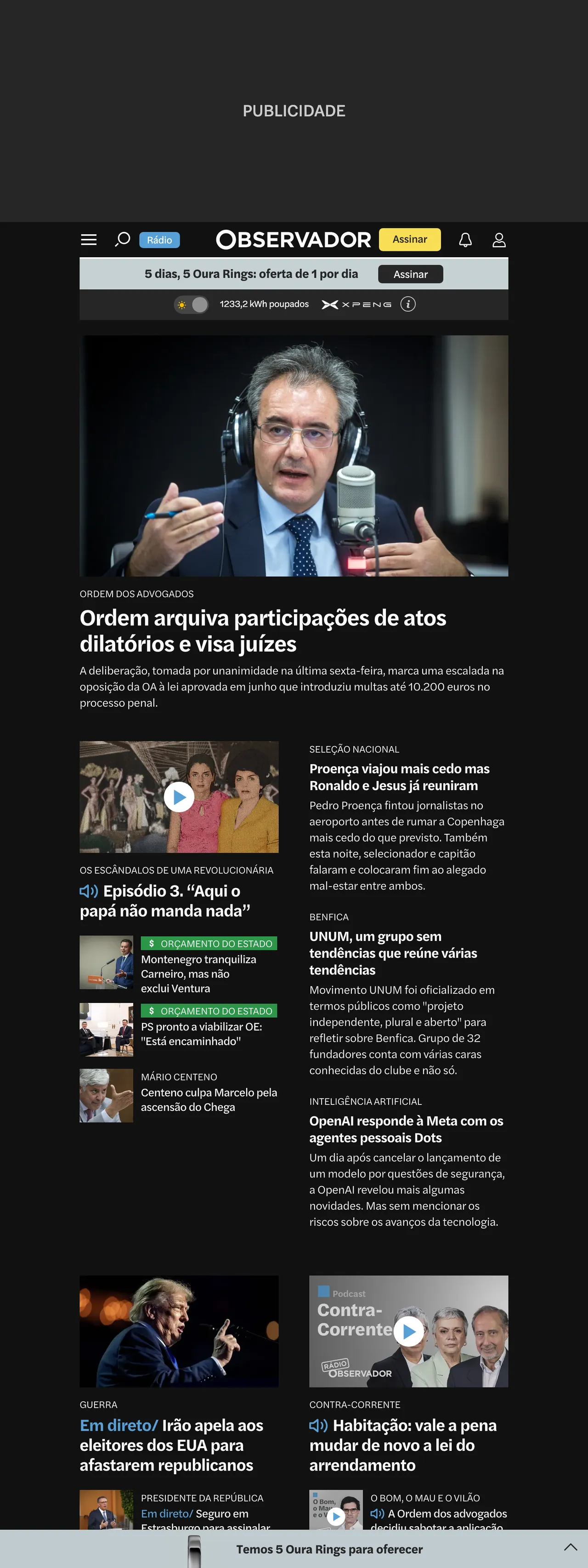 Screenshot of the Observador front page
