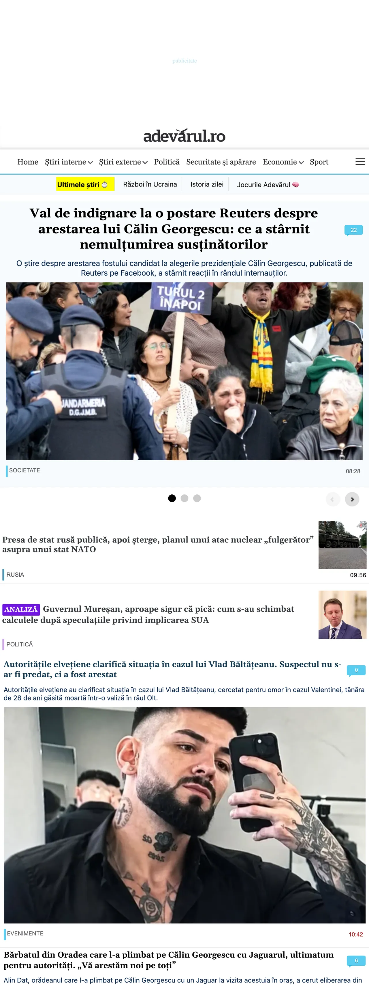 Screenshot of the Adevărul front page