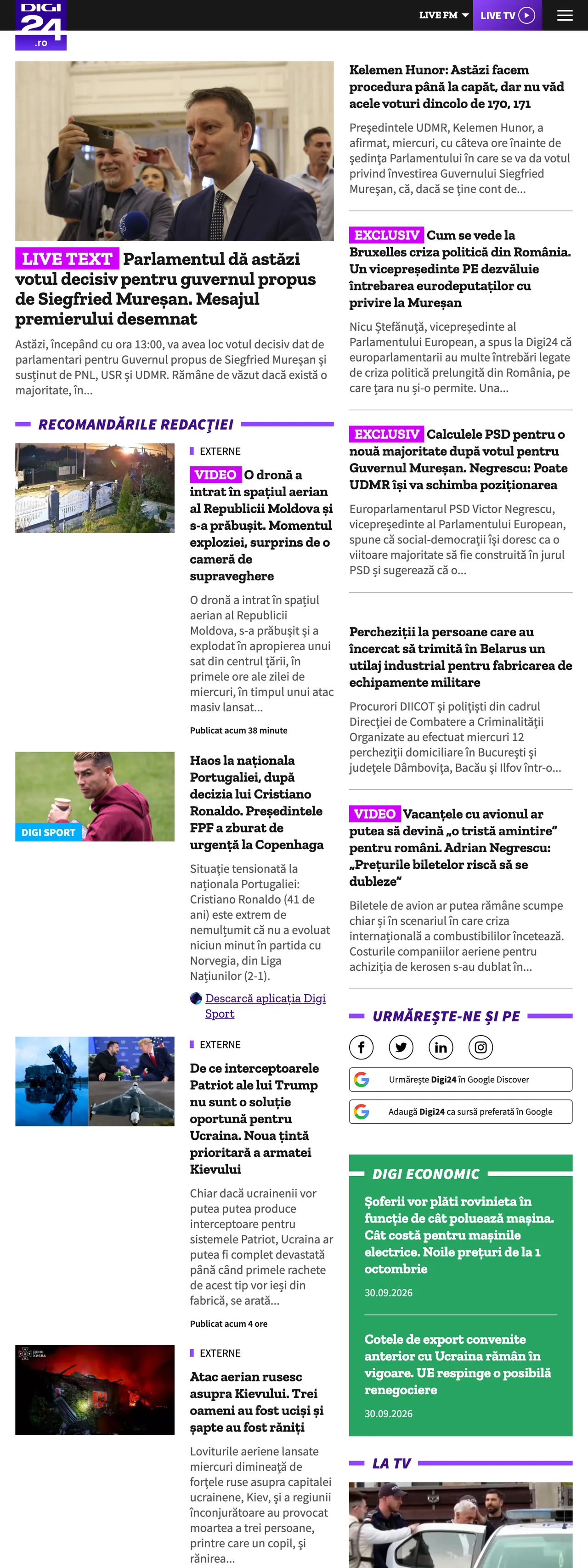 Screenshot of the Digi24 front page