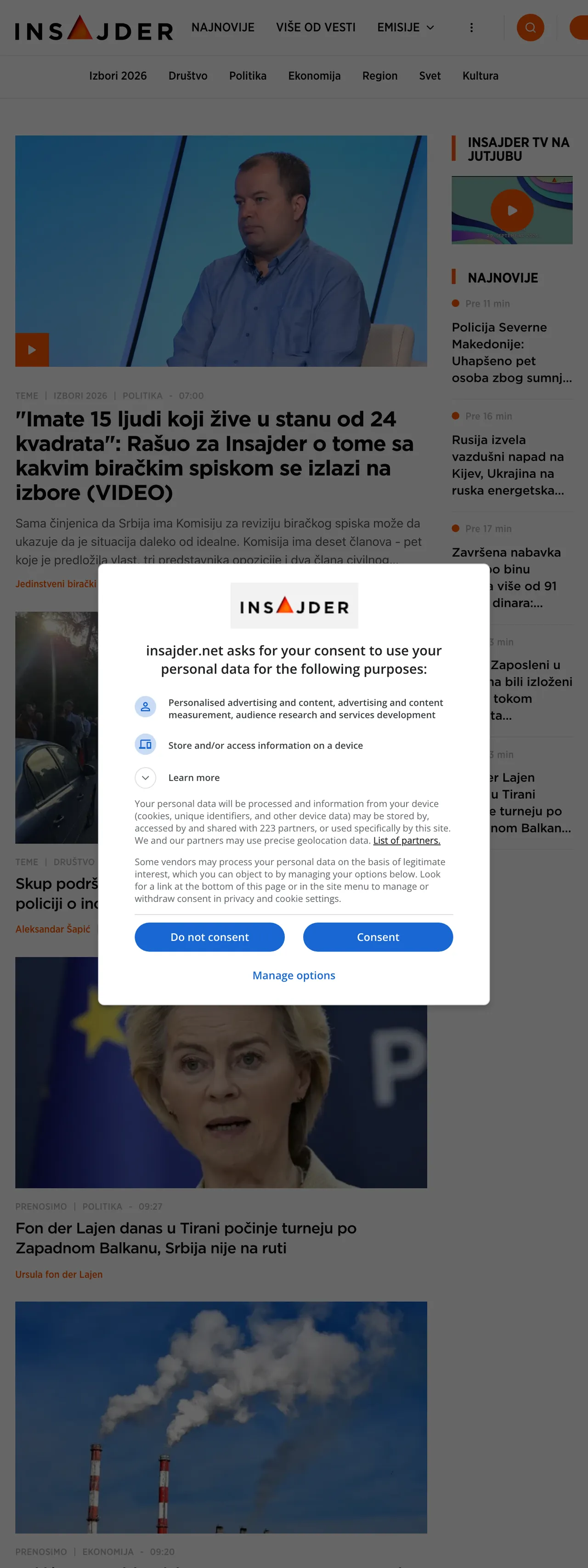 Screenshot of the Insajder front page