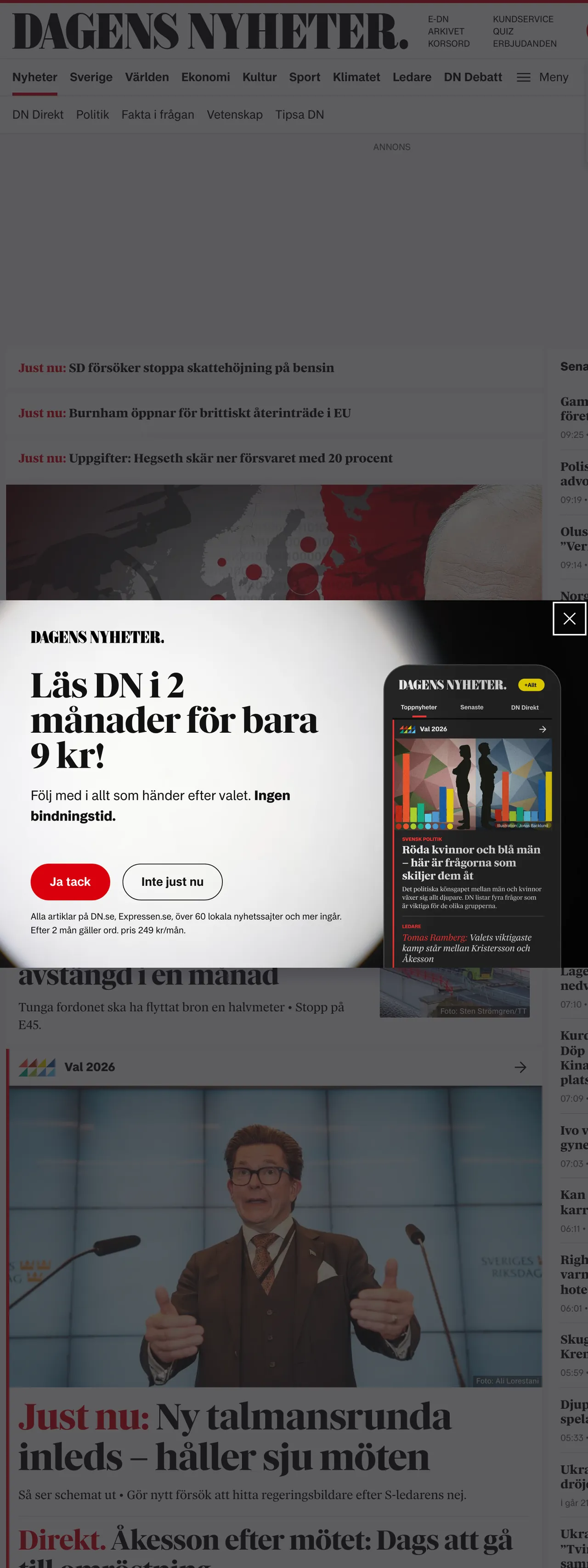 Screenshot of the Dagens Nyheter front page