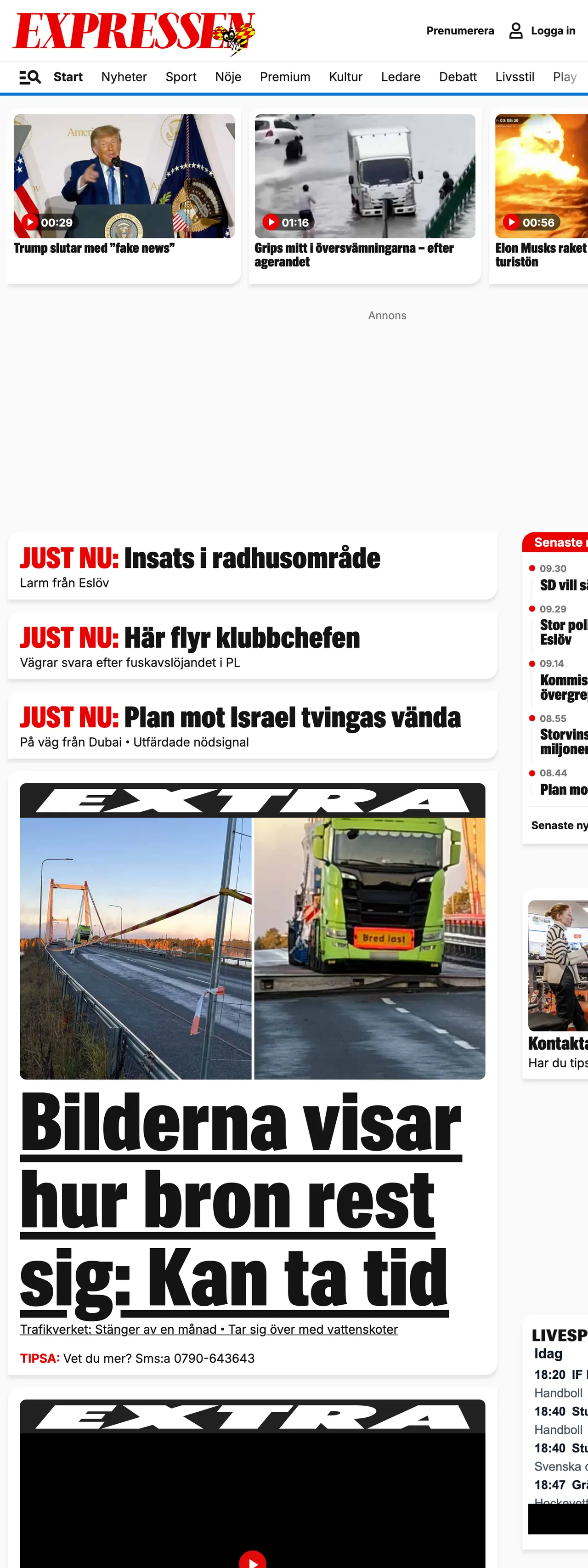 Screenshot of the Expressen front page