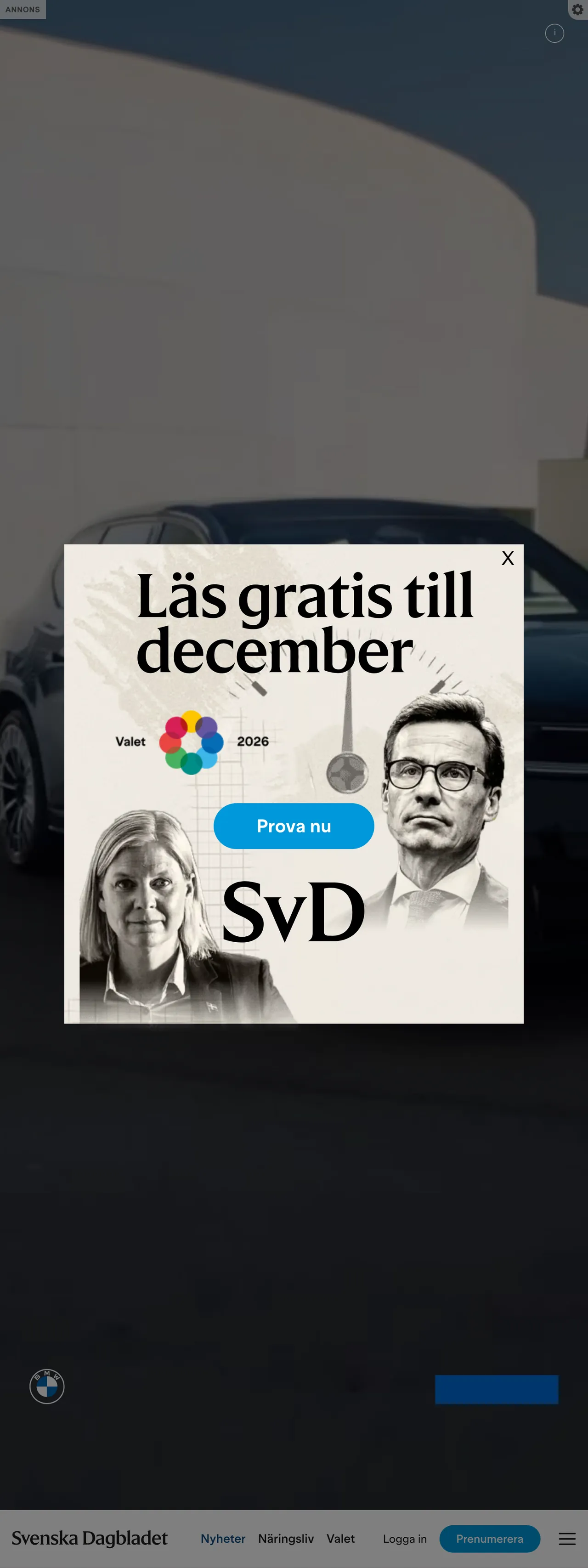 Screenshot of the Svenska Dagbladet front page
