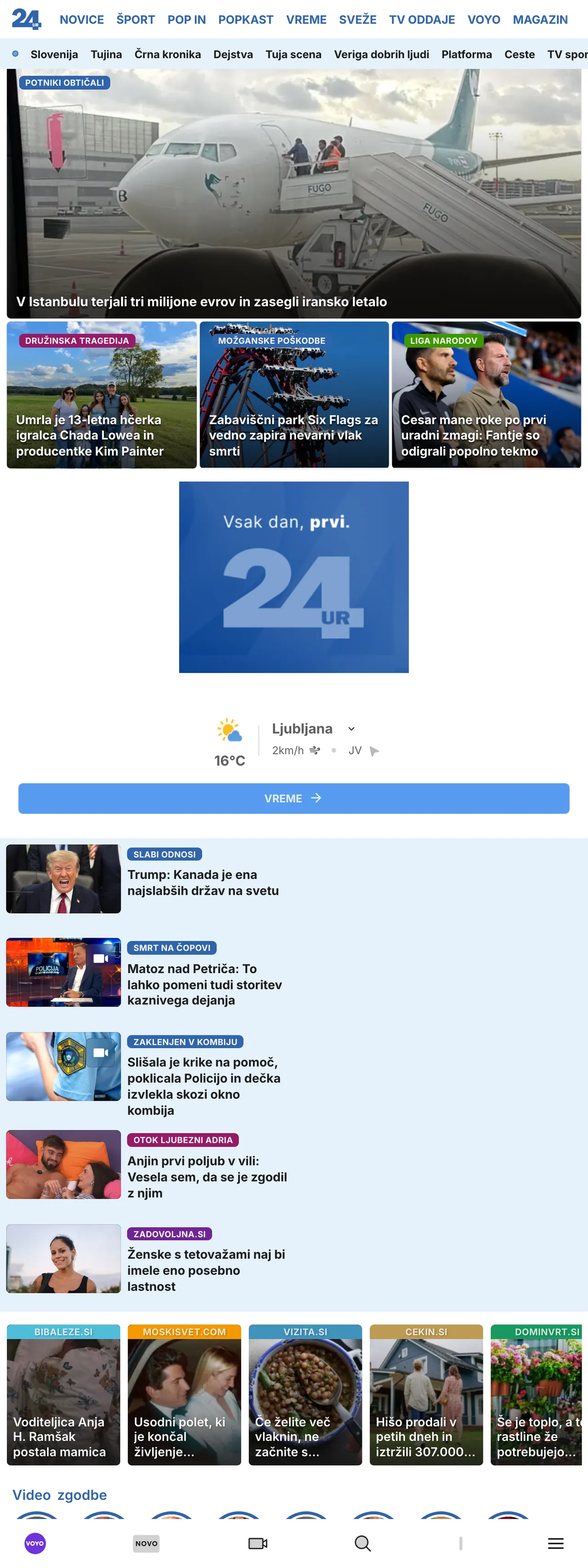 Screenshot of the 24ur front page