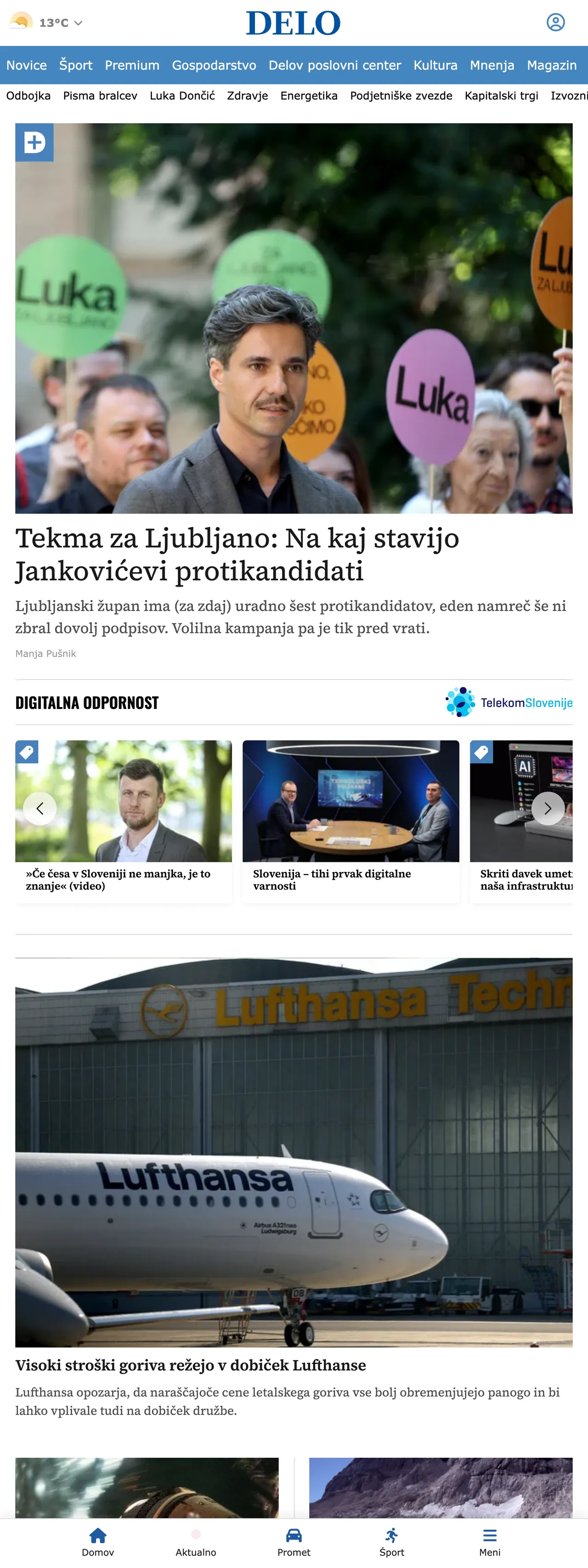 Screenshot of the Delo front page