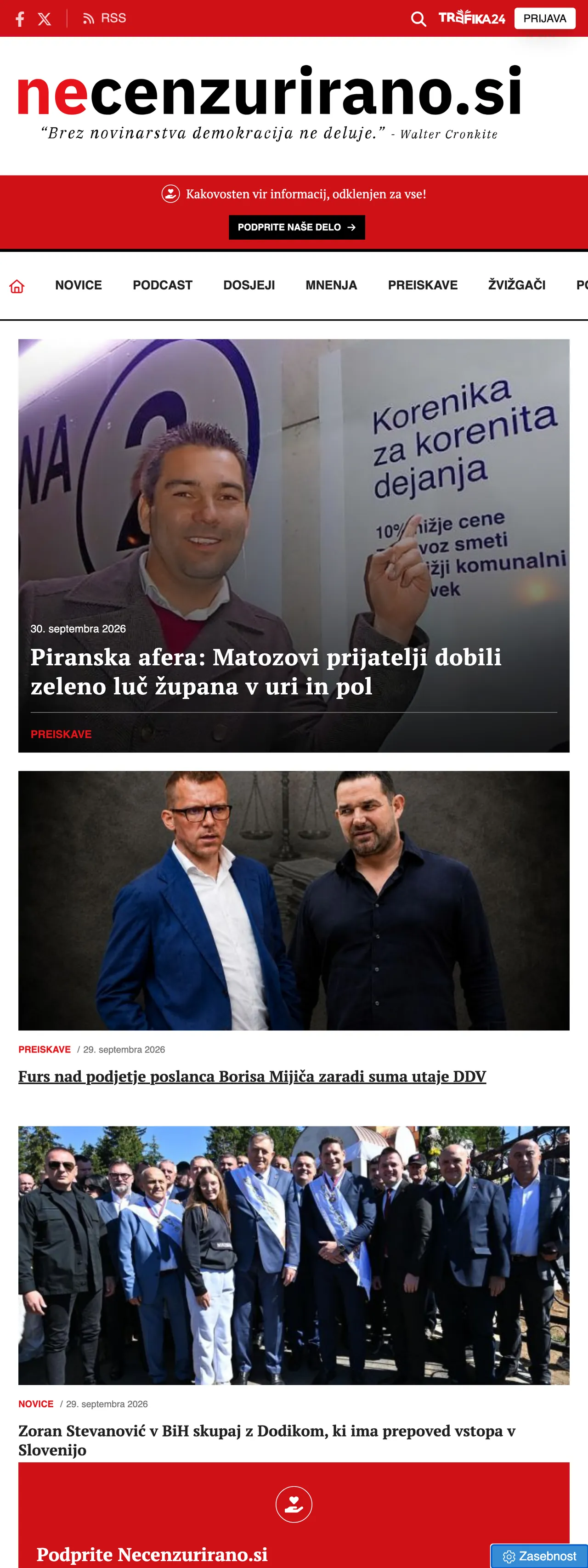 Screenshot of the Necenzurirano front page