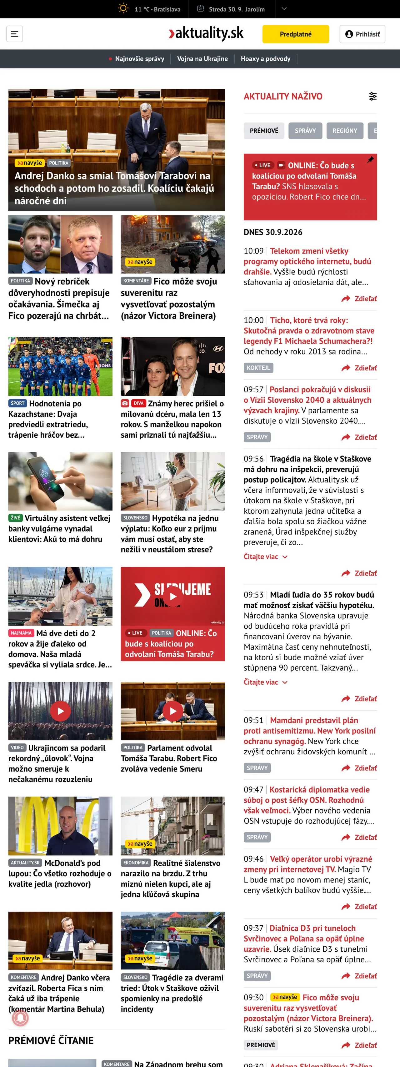 Screenshot of the Aktuality.sk front page