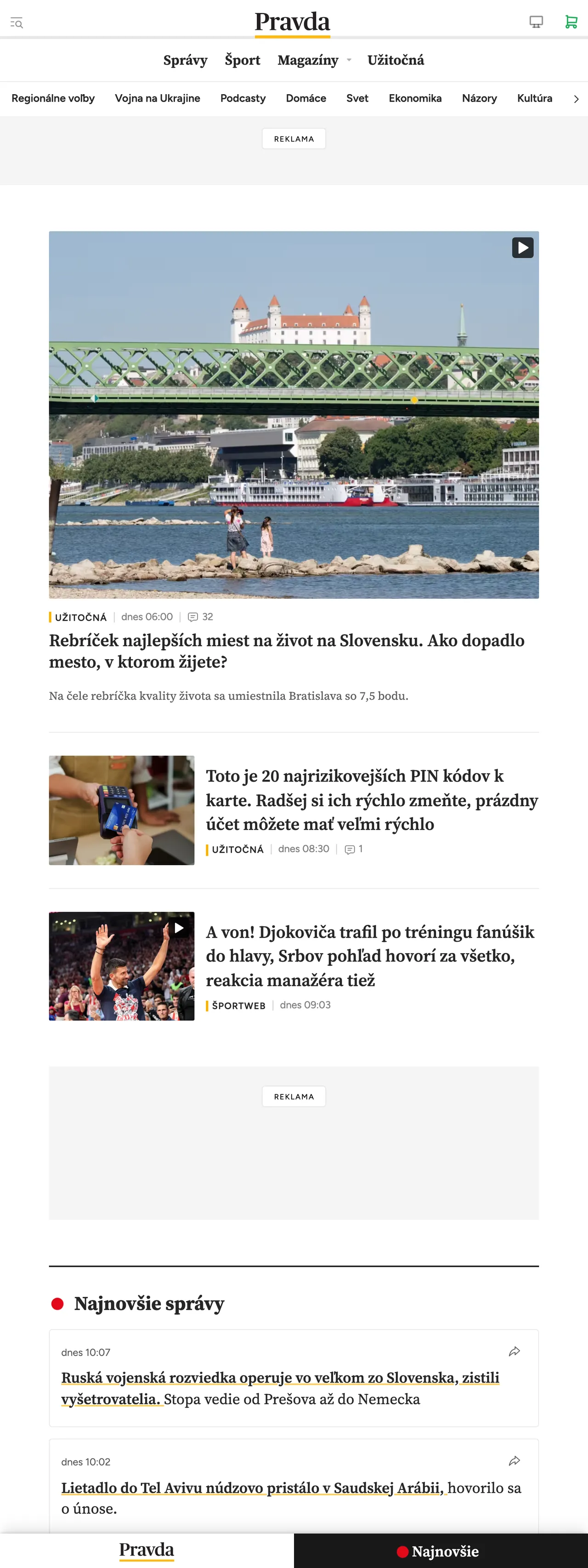 Screenshot of the Pravda front page