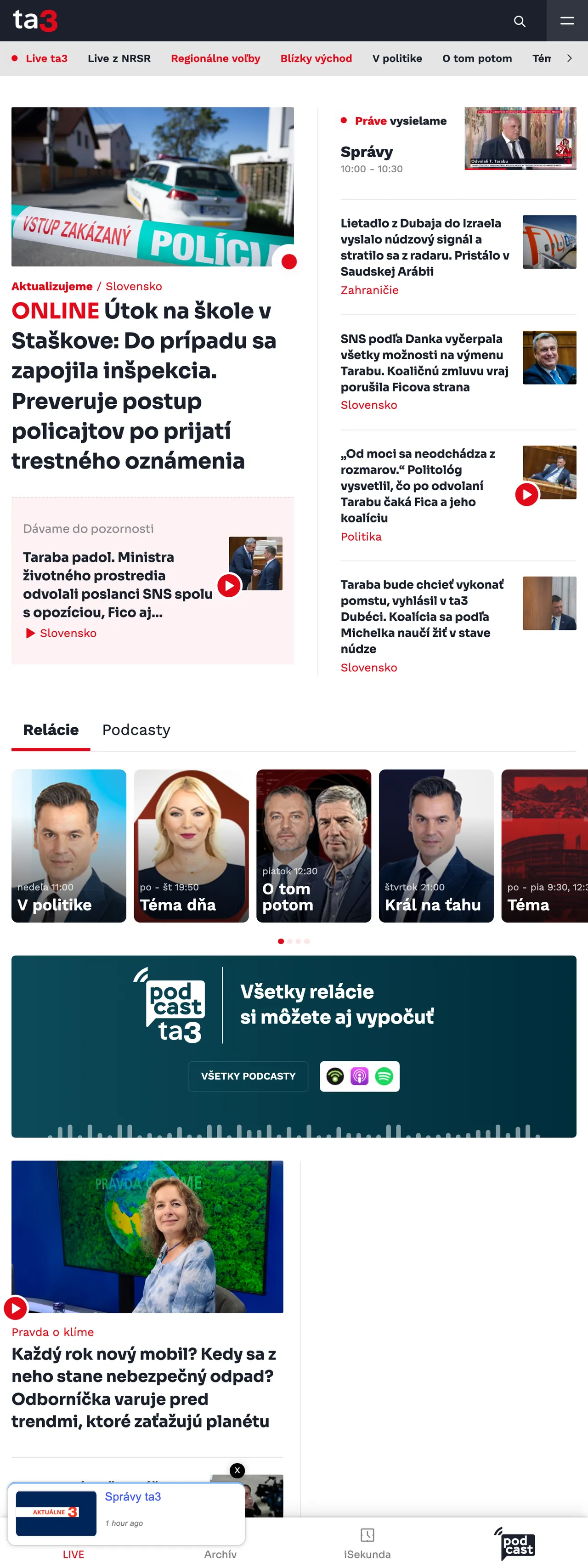 Screenshot of the TA3 front page