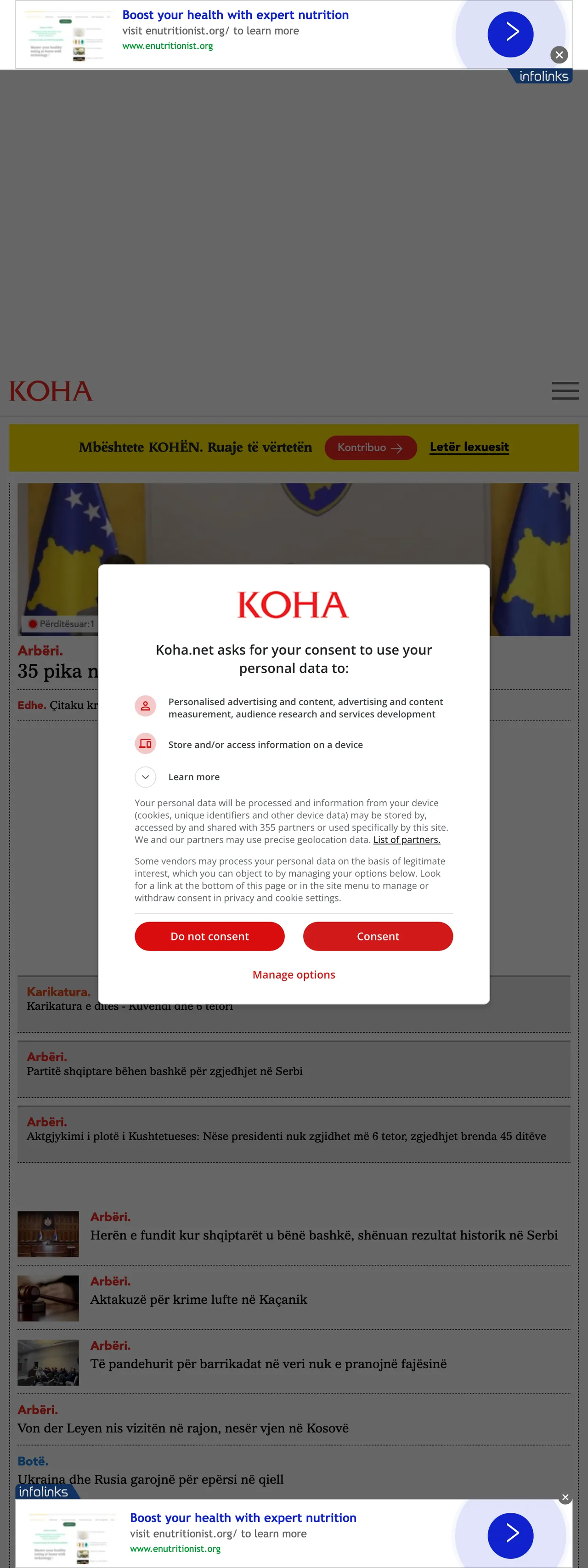 Screenshot of the Koha Ditore front page