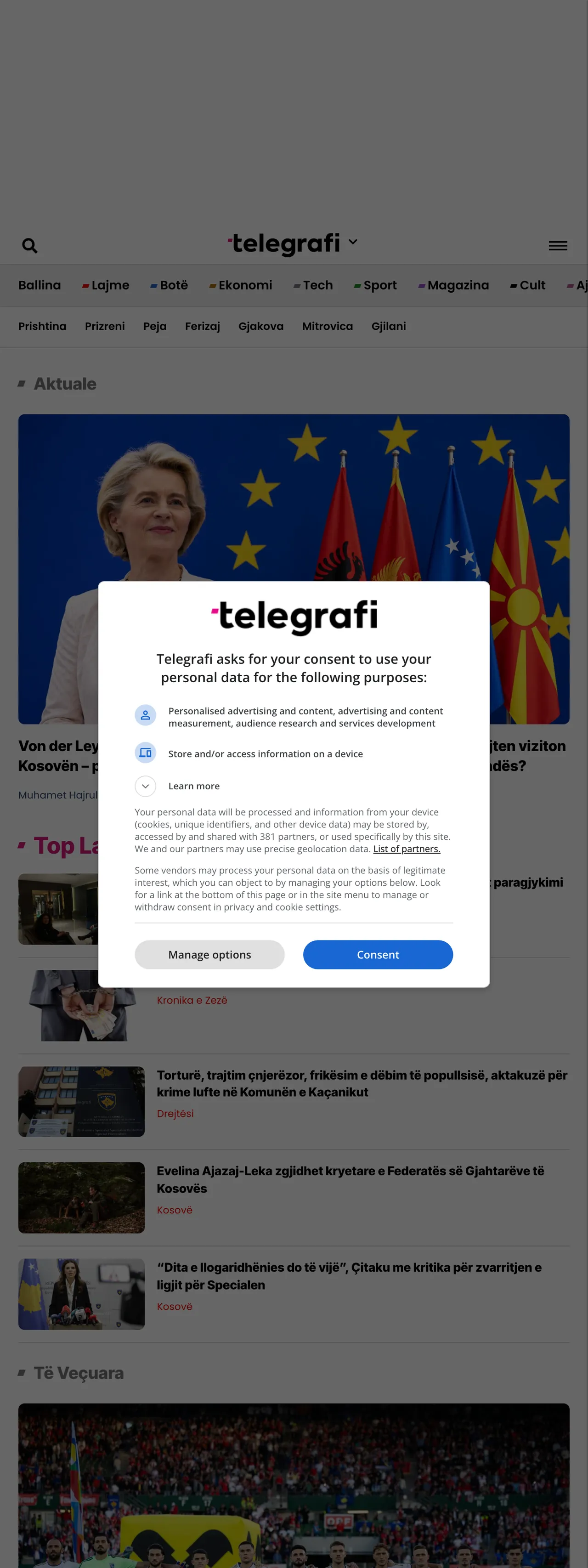 Screenshot of the Telegrafi front page