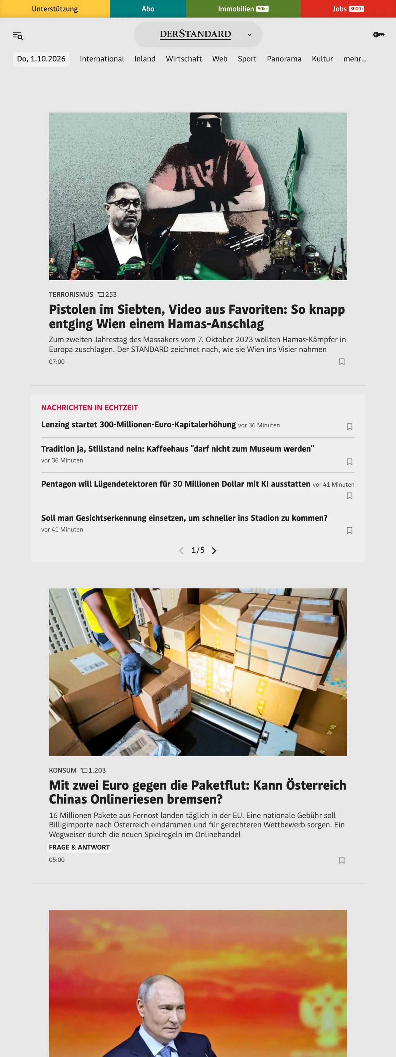 Screenshot of the DER STANDARD front page