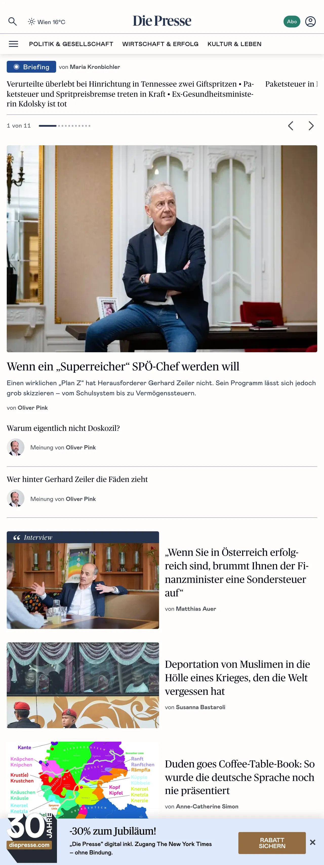 Screenshot of the Die Presse front page