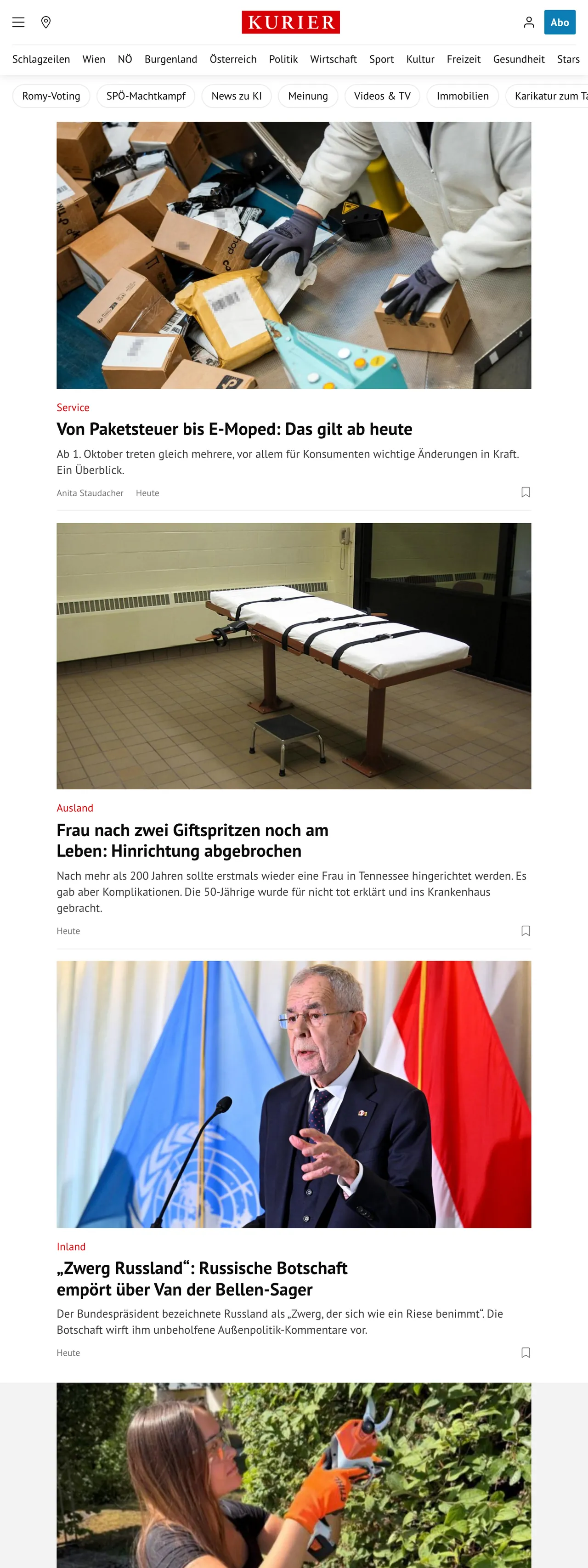 Screenshot of the Kurier front page