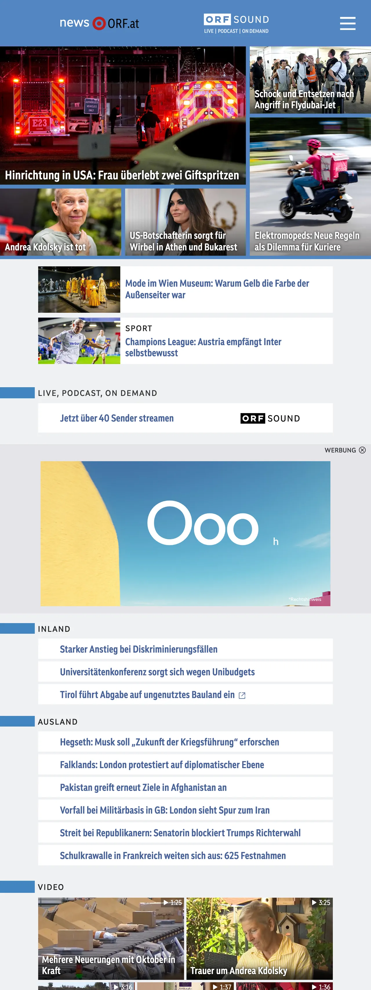 Screenshot of the ORF front page