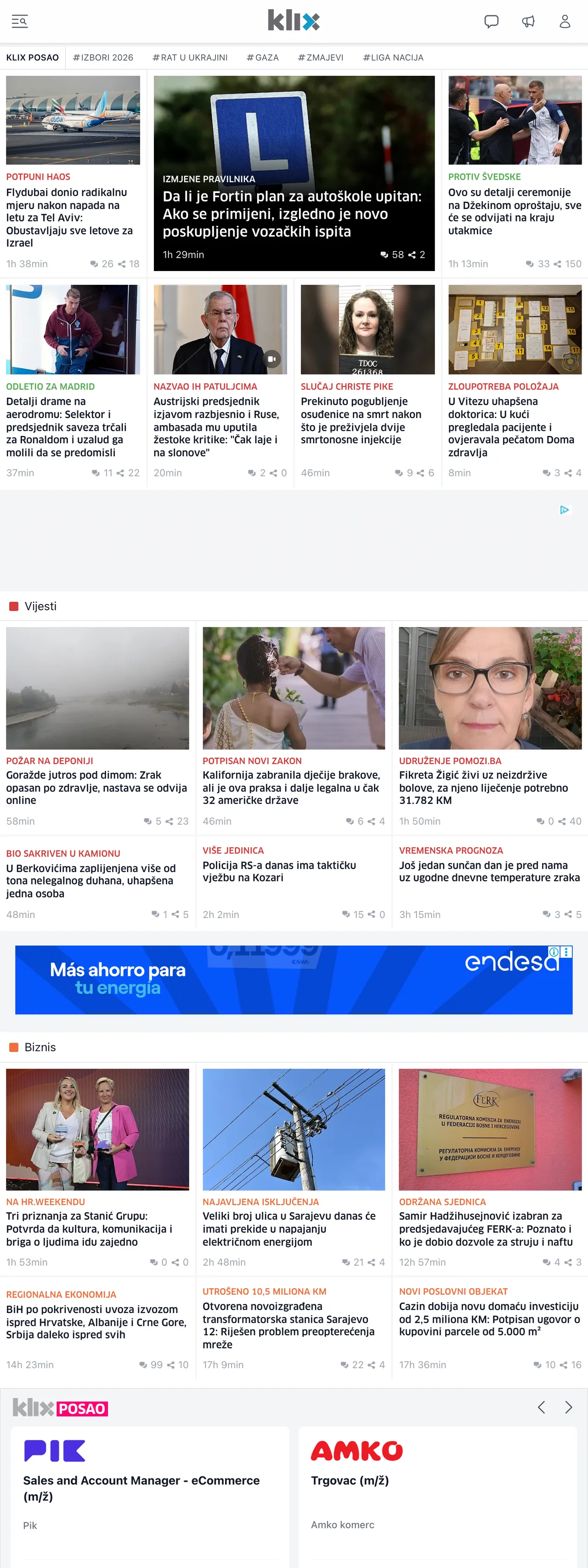 Screenshot of the Klix.ba front page