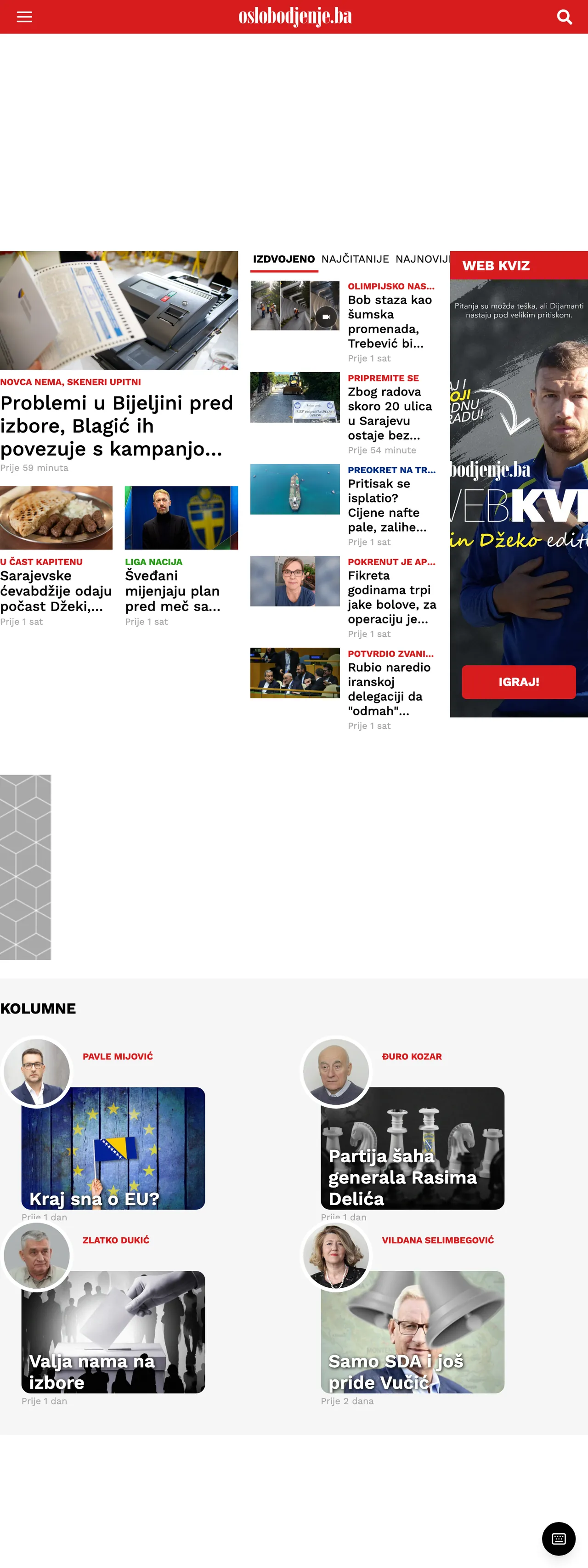 Screenshot of the Oslobođenje front page