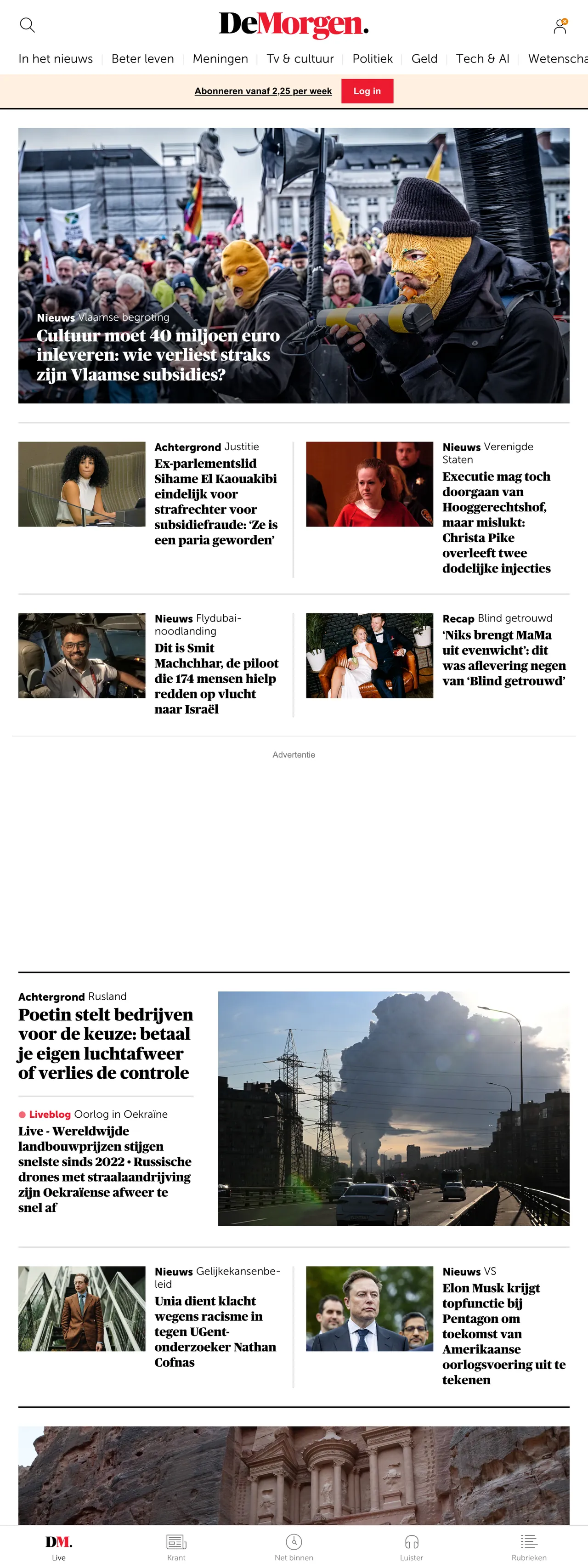 Screenshot of the De Morgen front page
