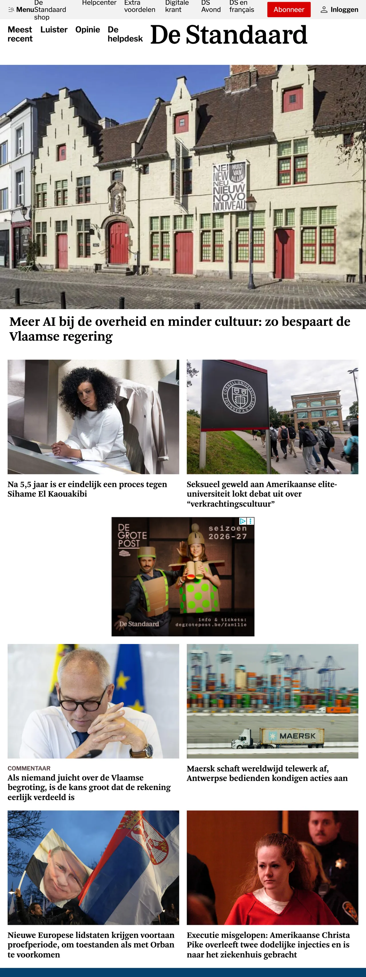 Screenshot of the De Standaard front page
