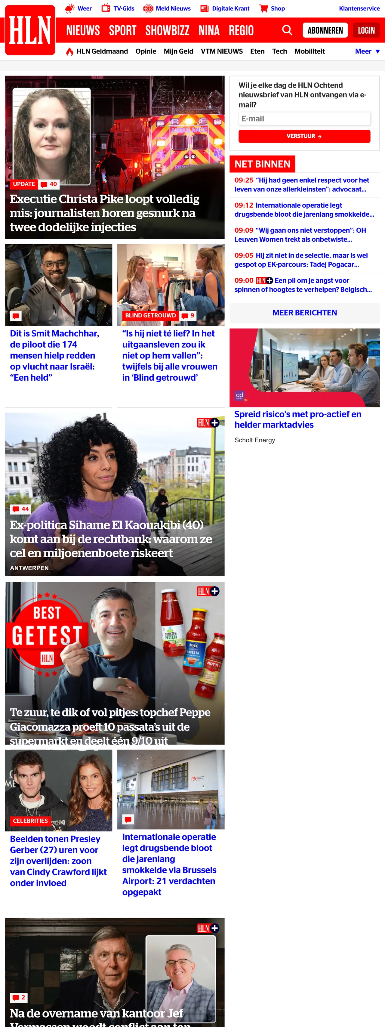 Screenshot of the HLN front page