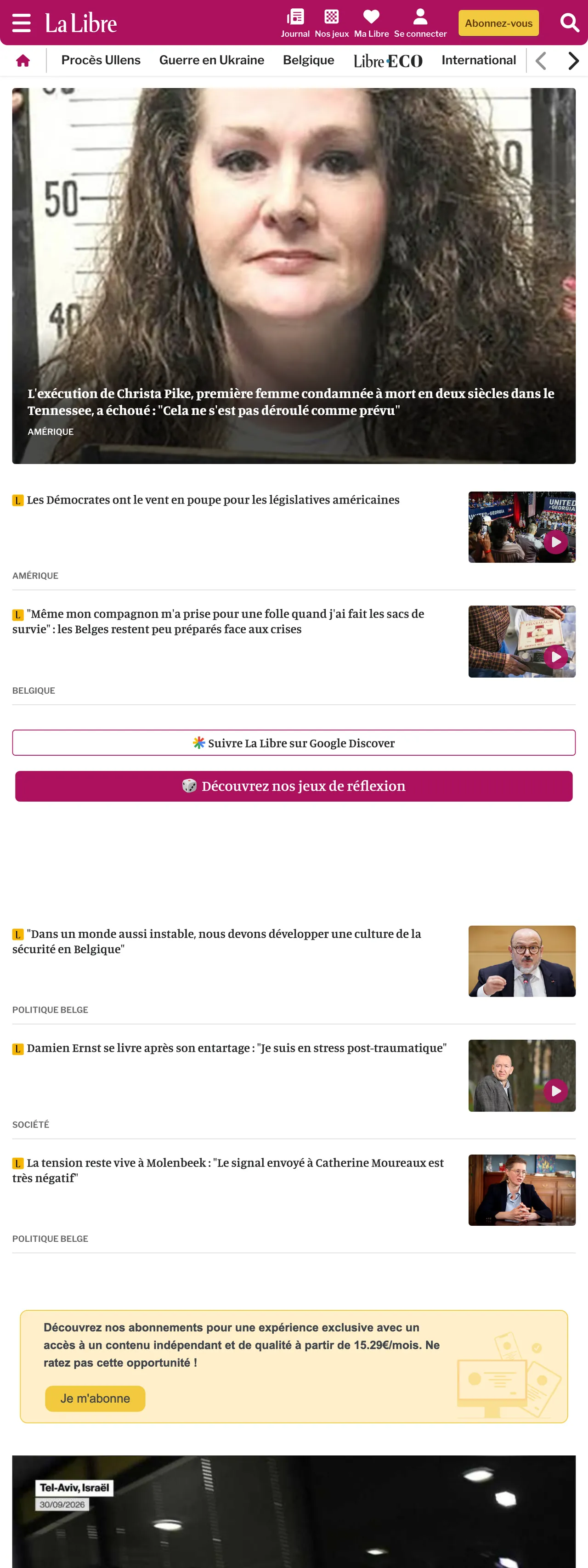 Screenshot of the La Libre front page