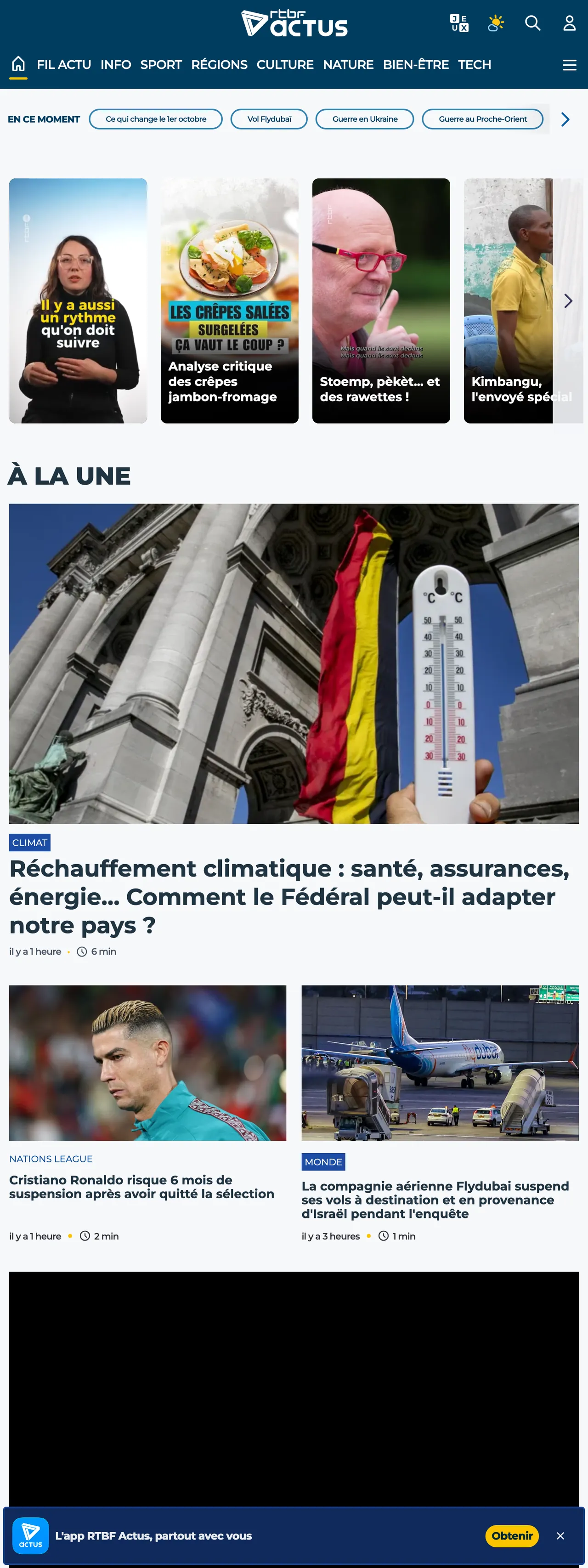 Screenshot of the RTBF front page