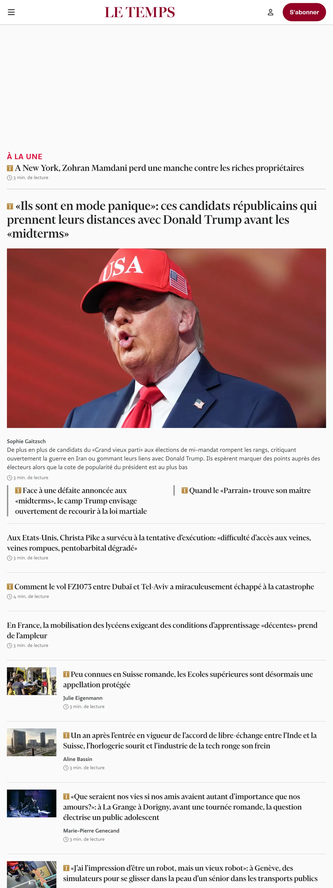 Screenshot of the Le Temps front page