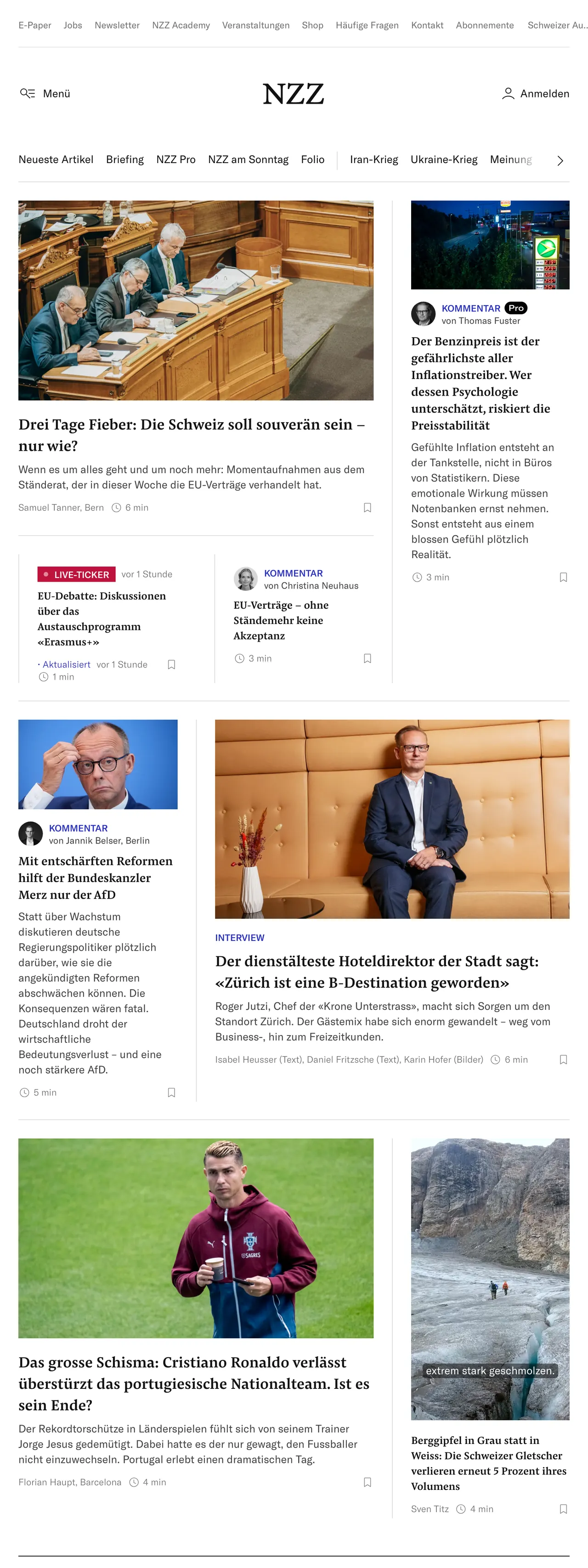 Screenshot of the Neue Zürcher Zeitung front page