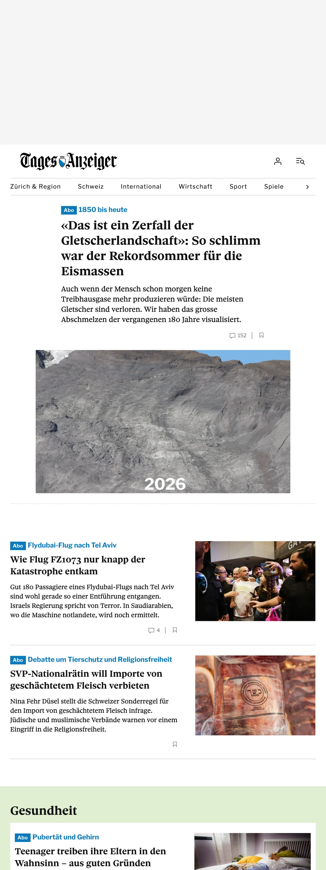 Screenshot of the Tages-Anzeiger front page