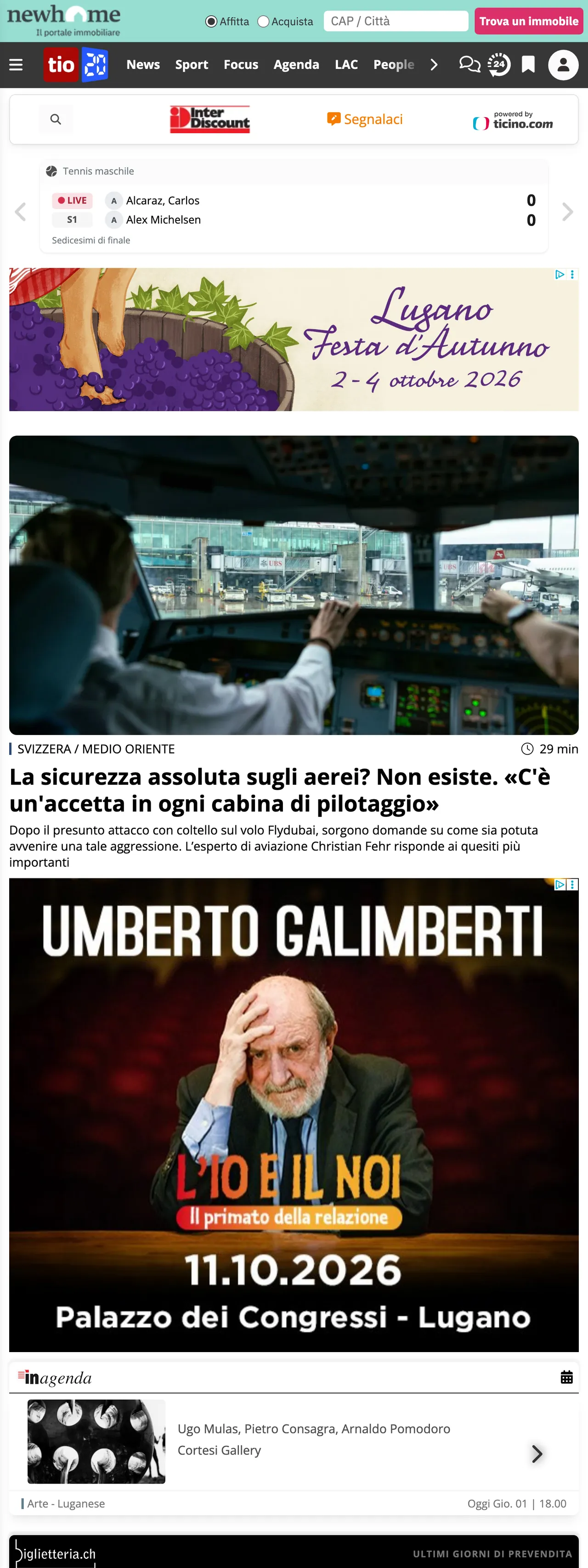 Screenshot of the Ticinonline front page