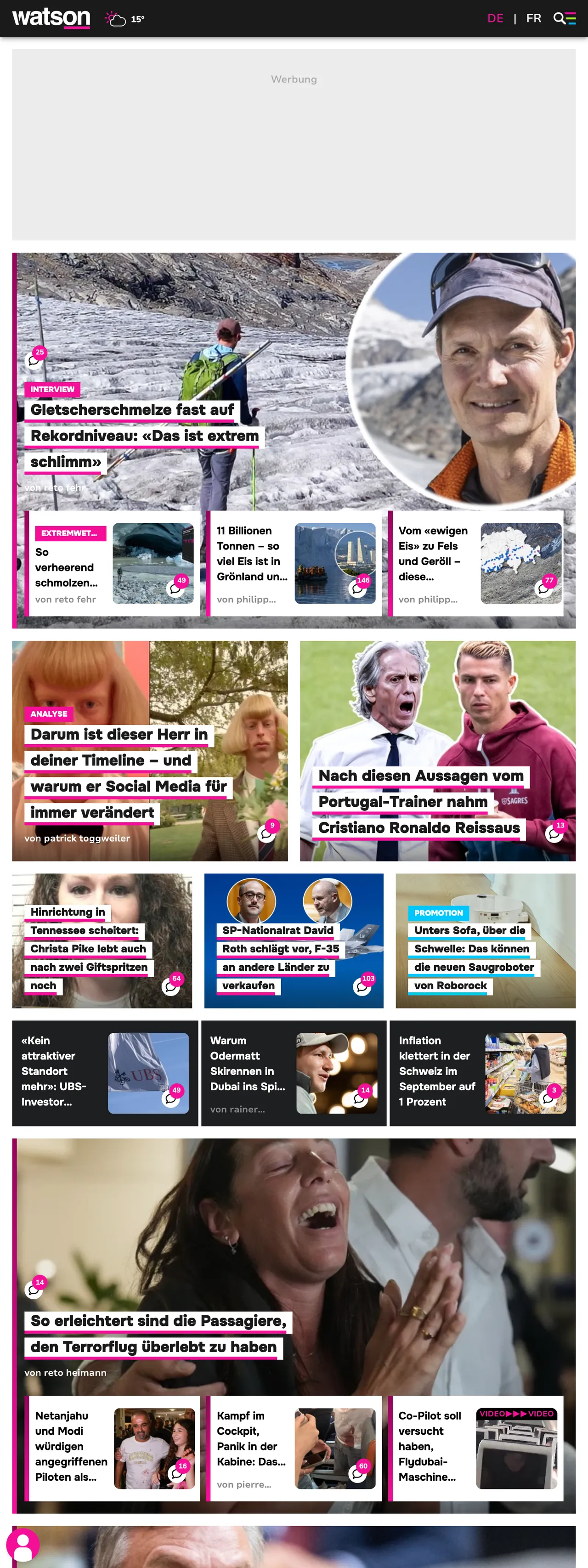 Screenshot of the watson front page