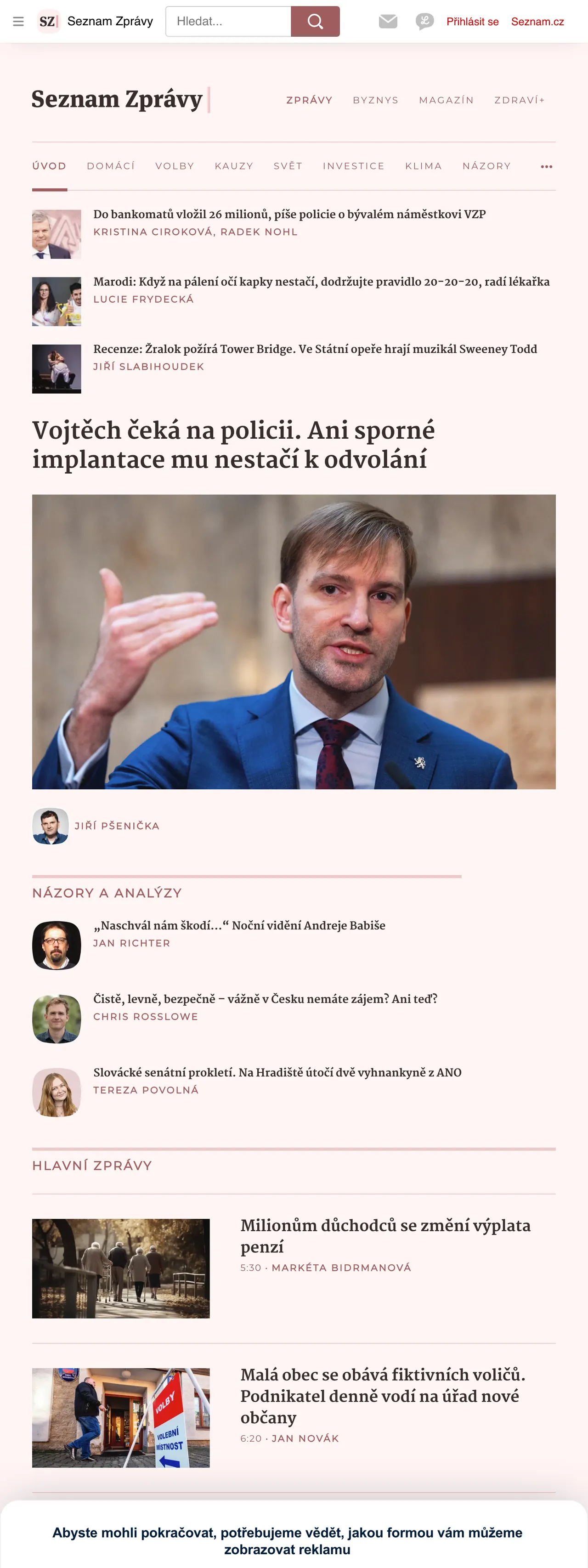 Screenshot of the Seznam Zprávy front page