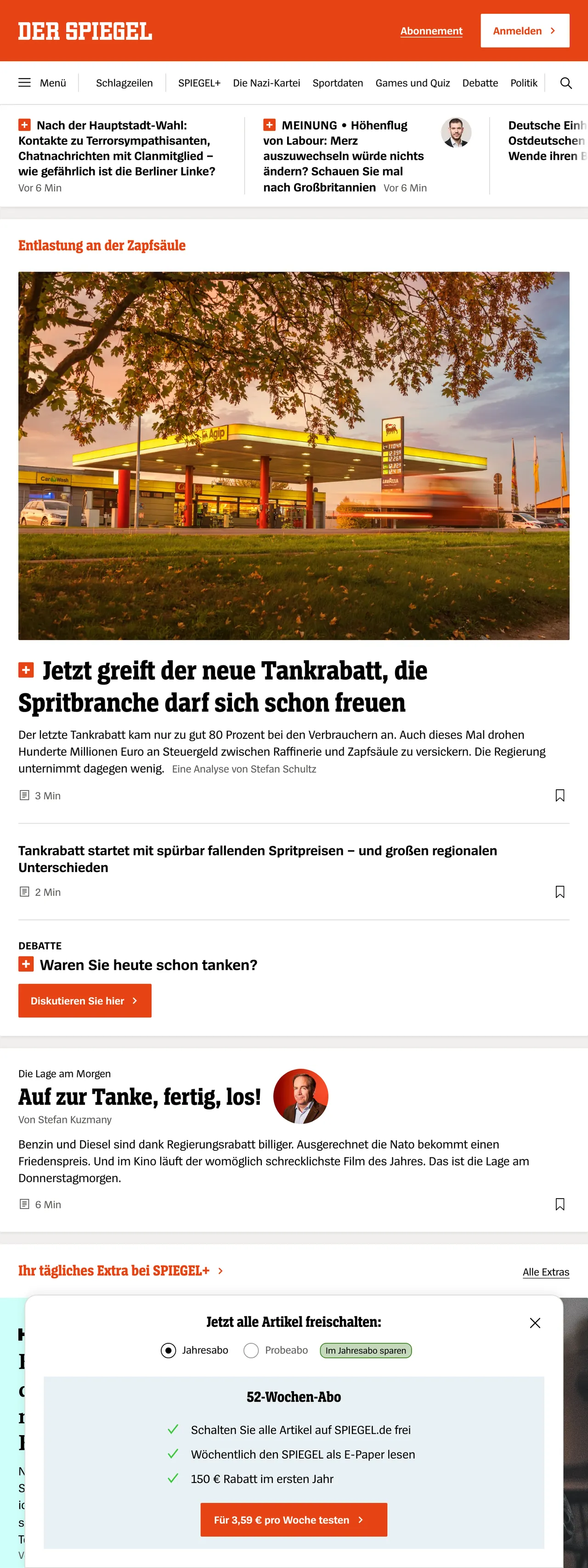 Screenshot of the DER SPIEGEL front page