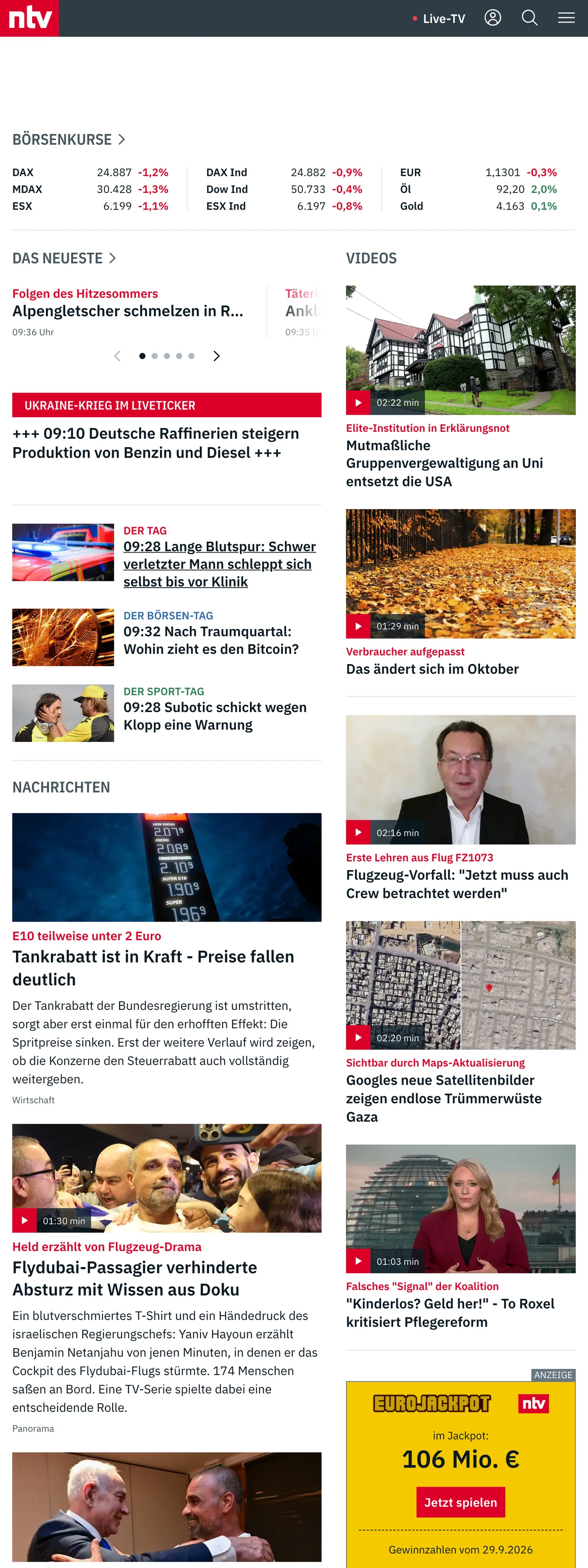 Screenshot of the n-tv front page