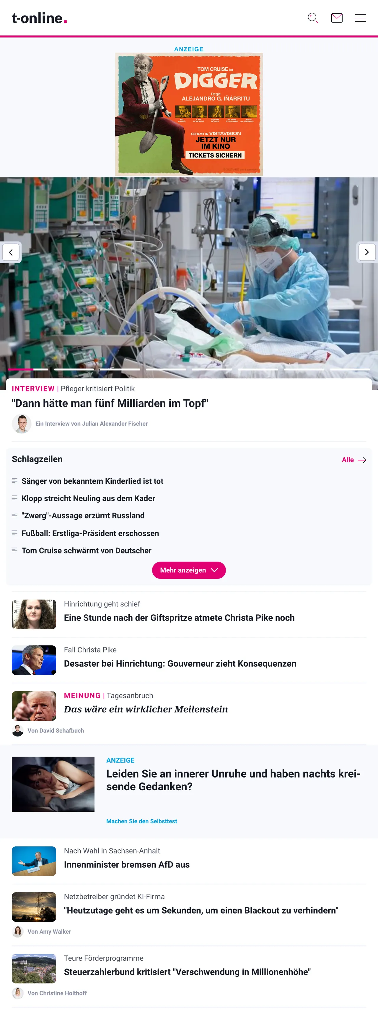 Screenshot of the t-online front page