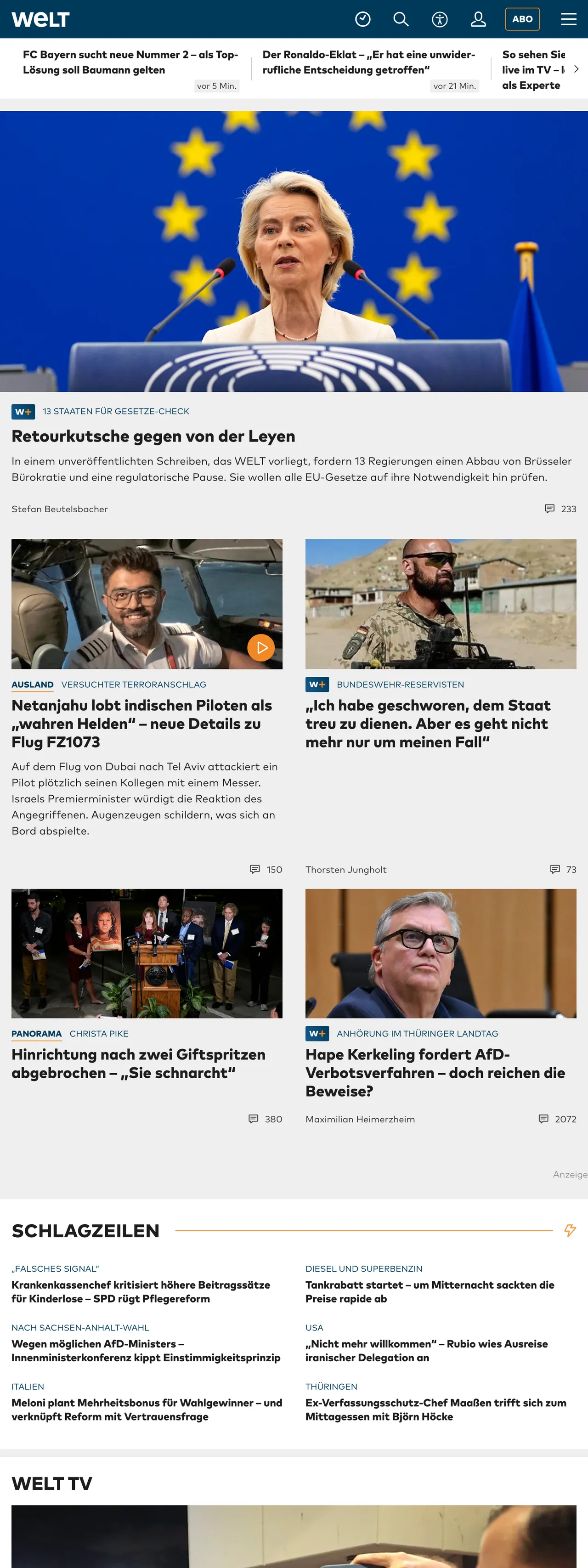 Screenshot of the WELT front page