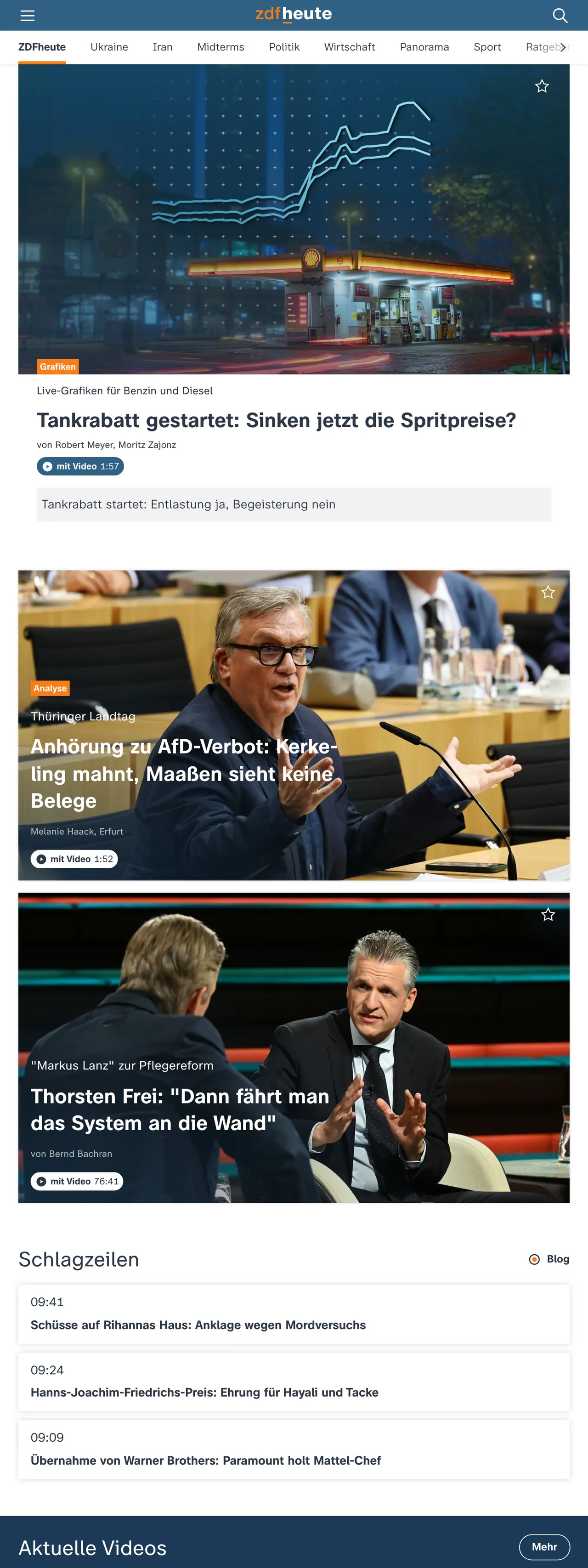 Screenshot of the ZDFheute front page