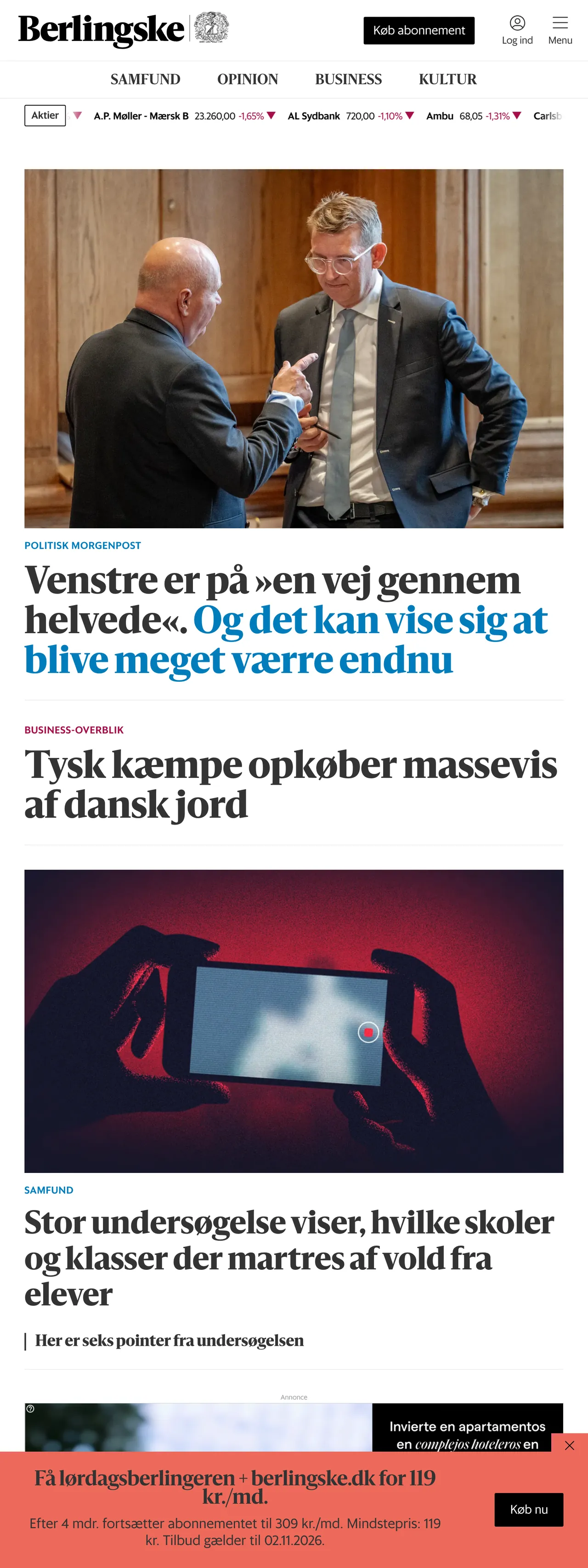 Screenshot of the Berlingske front page