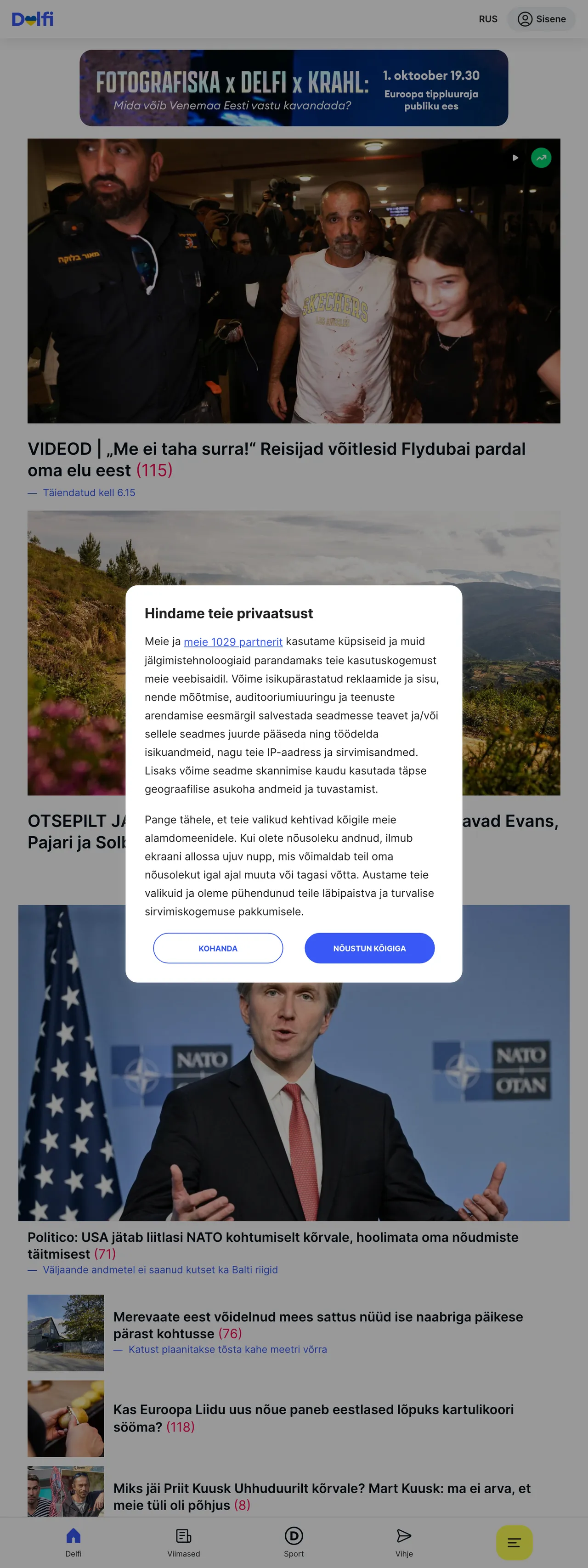 Screenshot of the Delfi front page