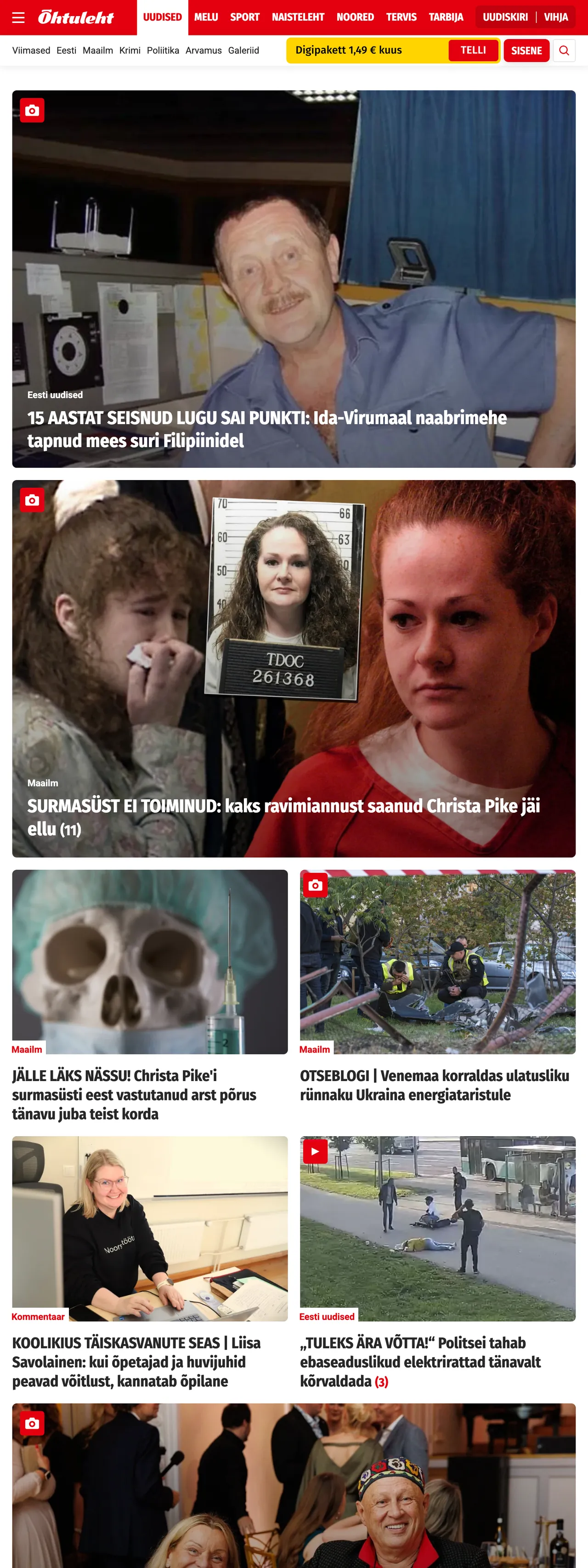 Screenshot of the Õhtuleht front page