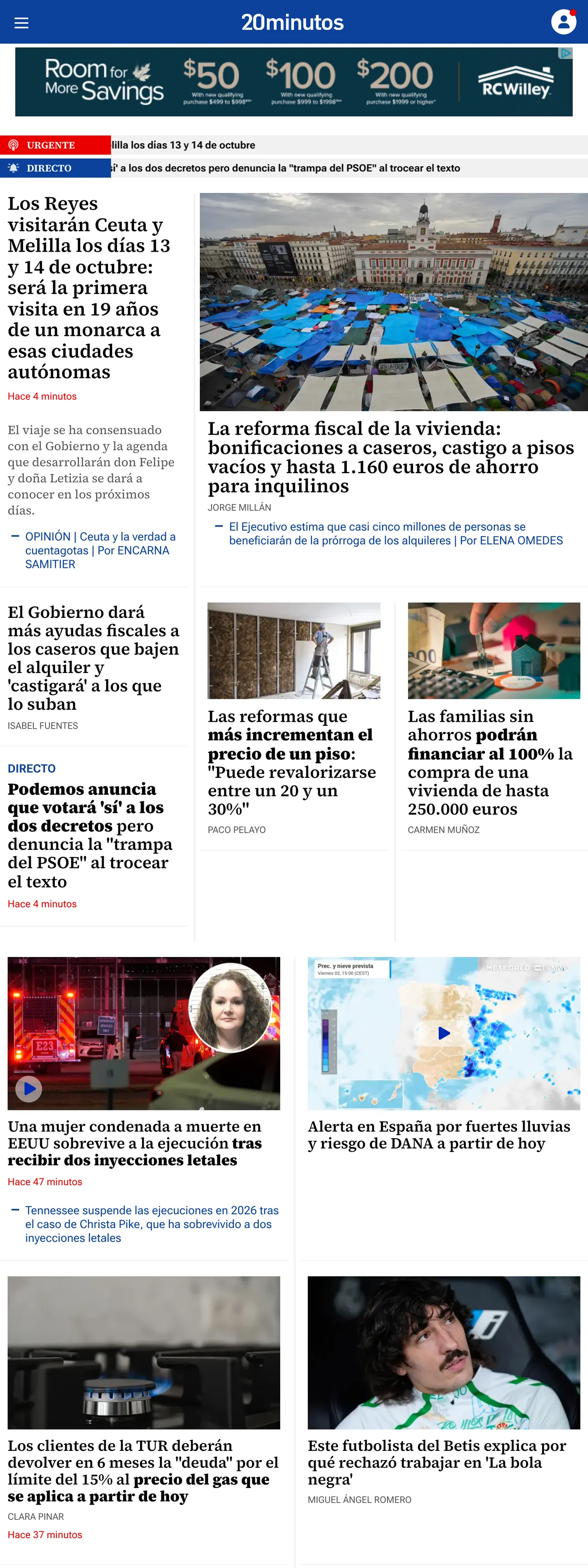 Screenshot of the 20minutos front page