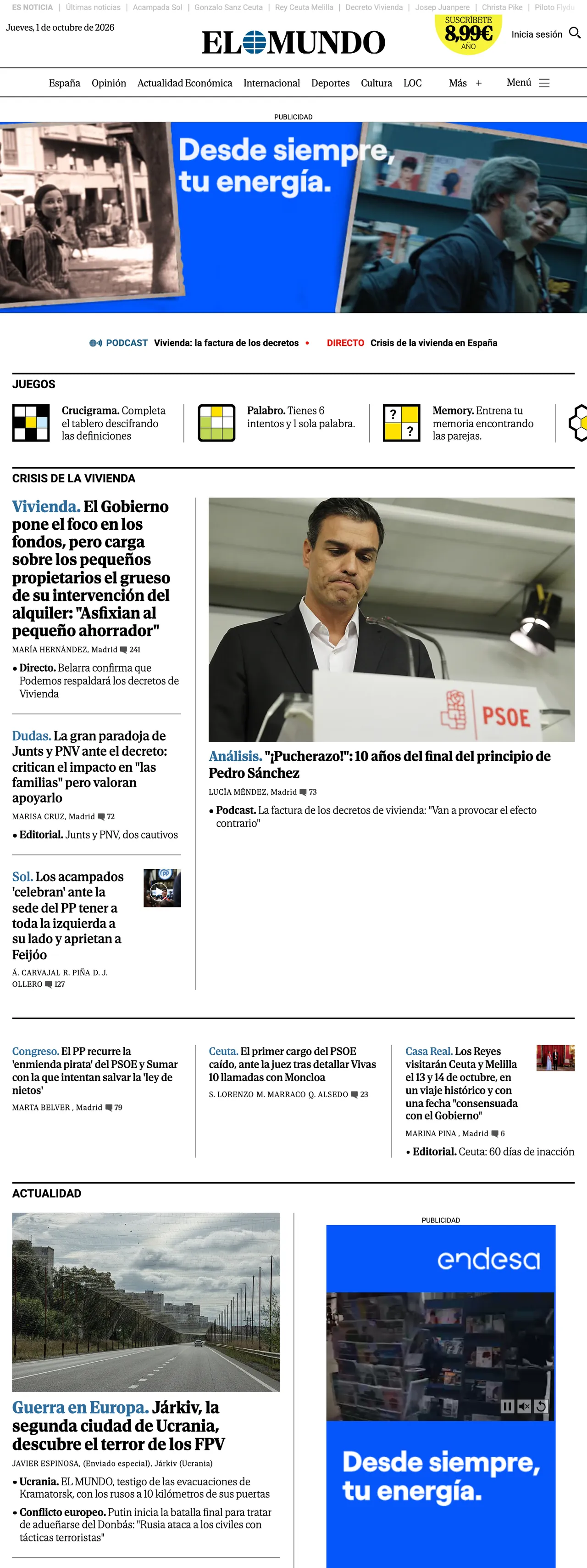 Screenshot of the El Mundo front page