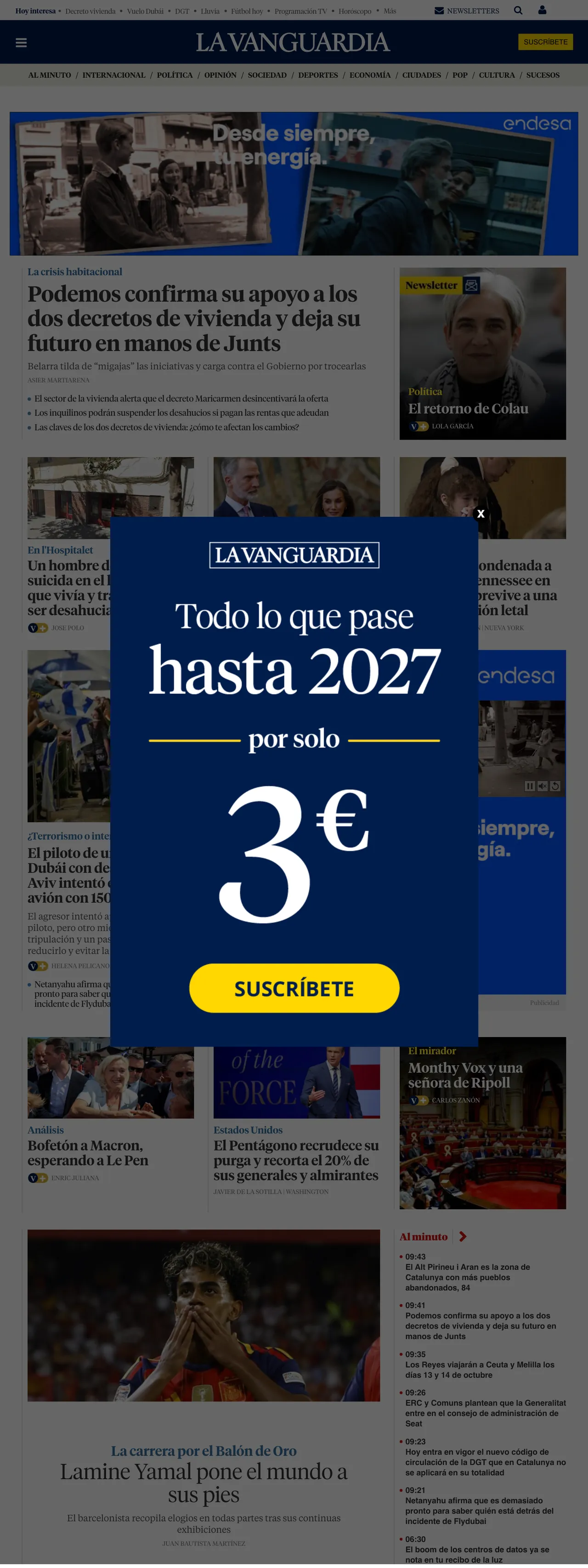 Screenshot of the La Vanguardia front page