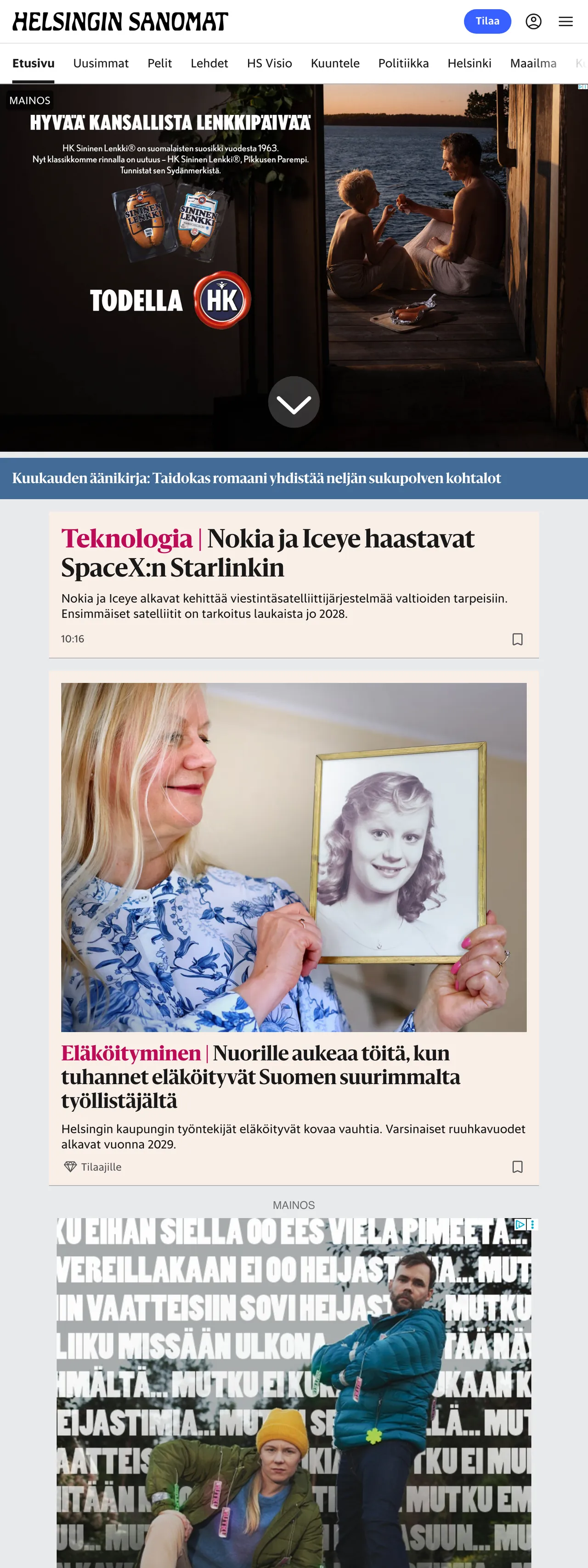 Screenshot of the Helsingin Sanomat front page