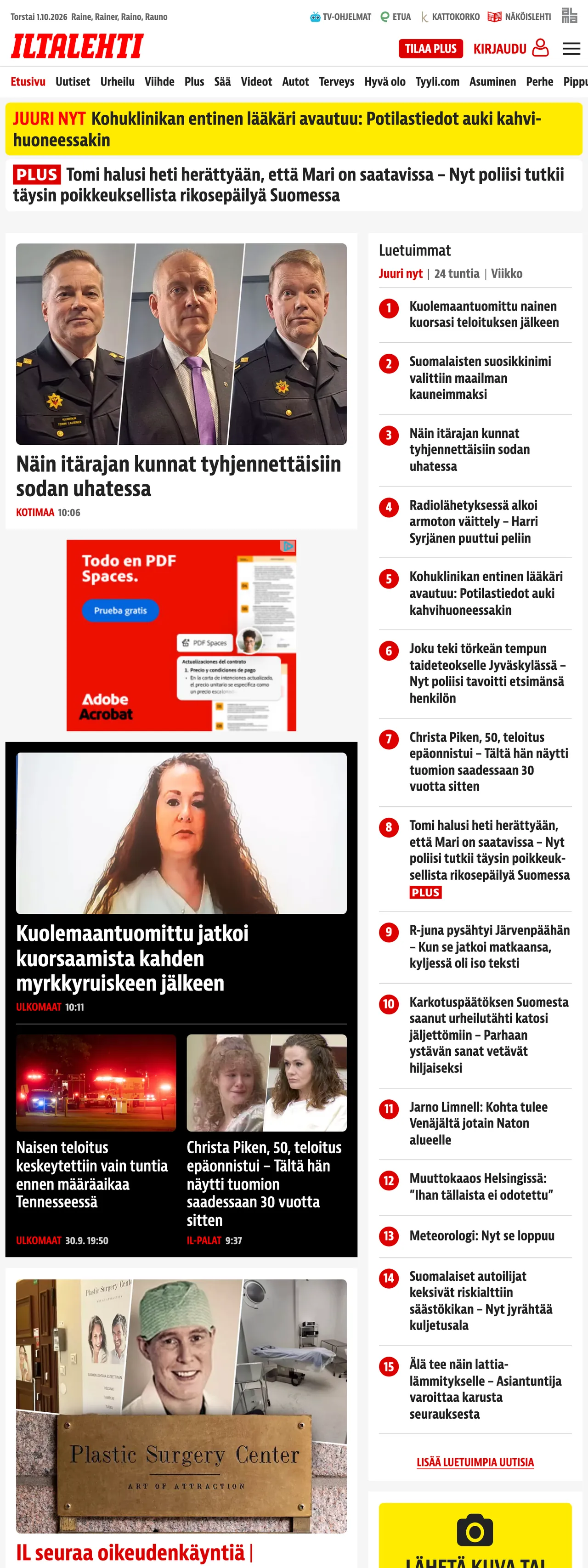 Screenshot of the Iltalehti front page