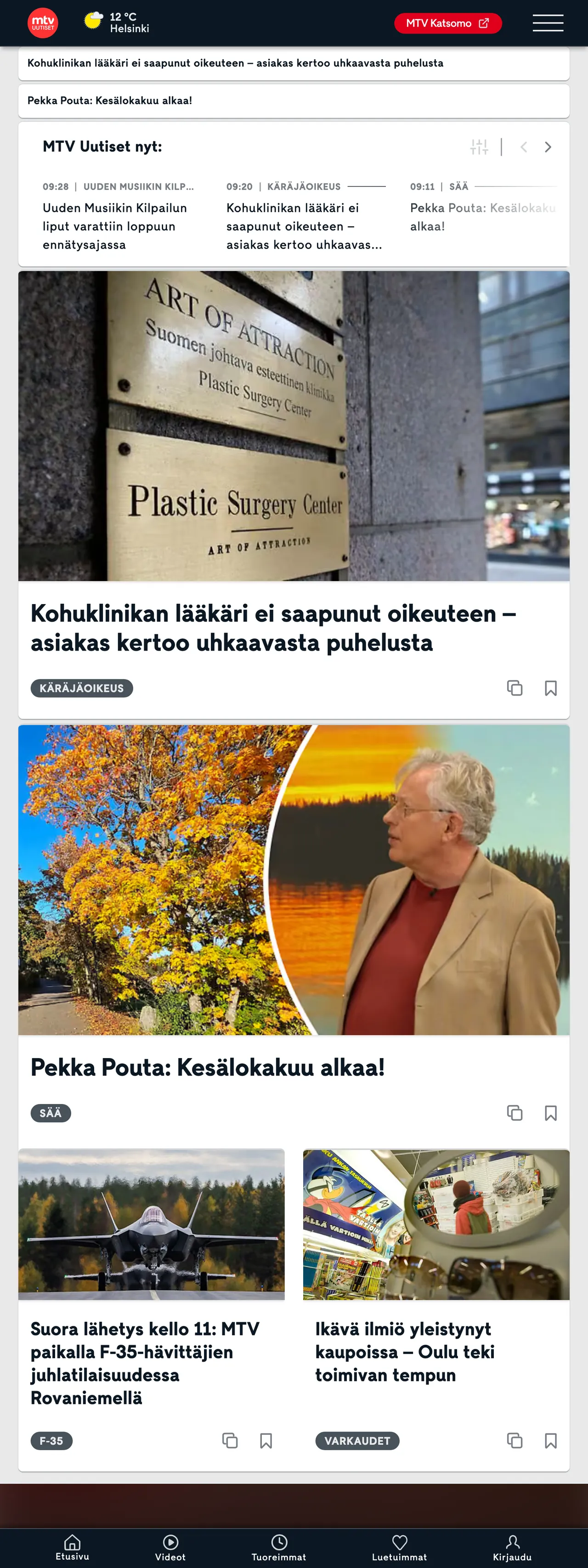 Screenshot of the MTV Uutiset front page