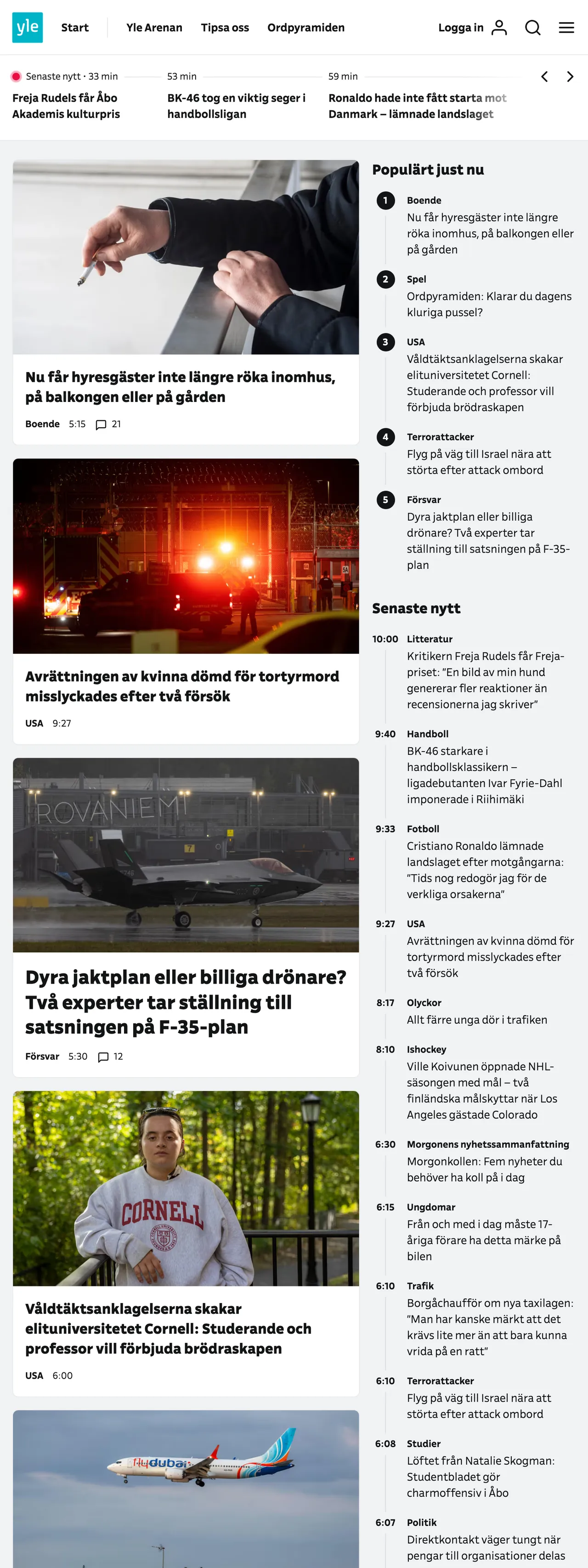 Screenshot of the Svenska Yle front page
