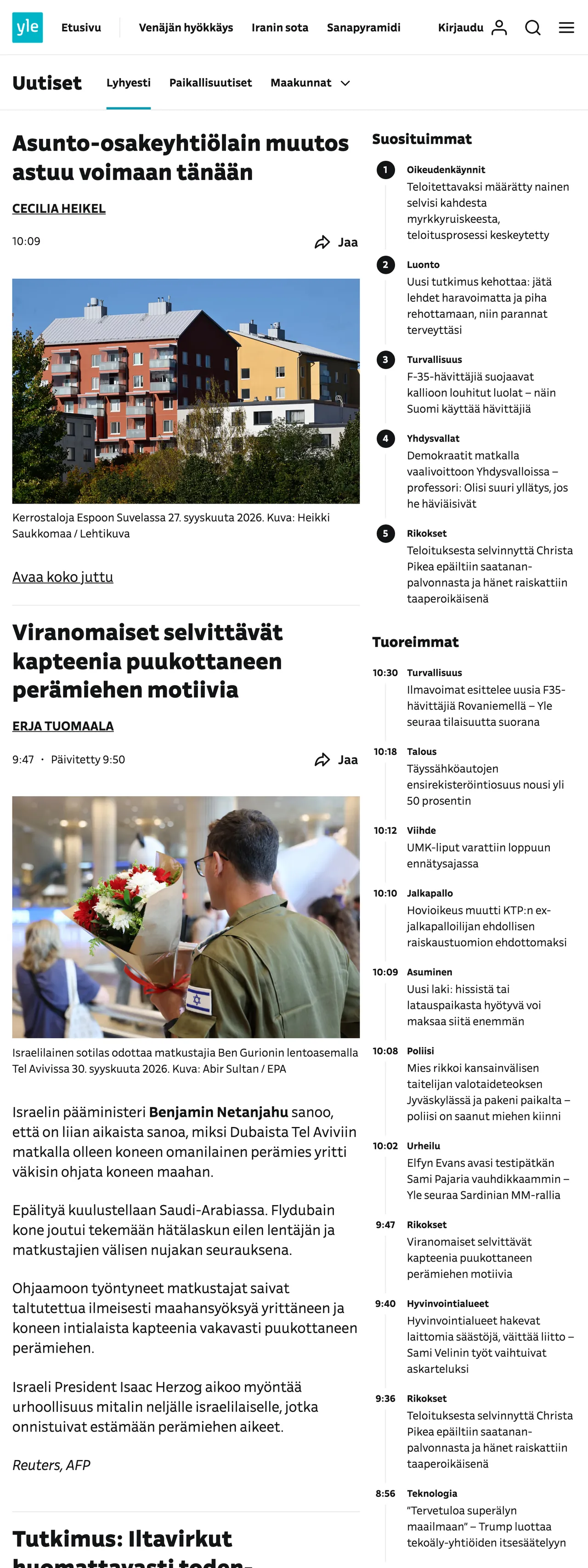 Screenshot of the Yle front page