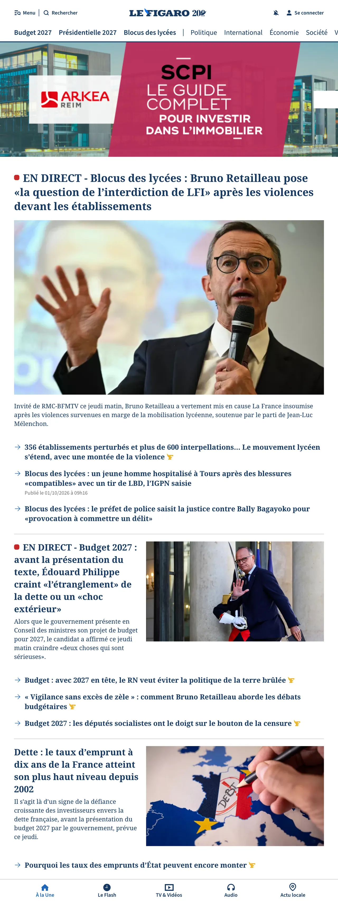 Screenshot of the Le Figaro front page